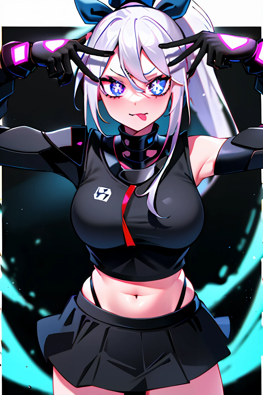 Masterpiece, High quality, highly detailed, 4k, ai's pose, 1girl, solo, :p, v, black background, double v, Anime, ninja, white hair, ponytail, blue eyes, glowing eyes, crop top, miniskirt, tongue_out, ninja star, 1girl, star (symbol), symbol-shaped pupils,