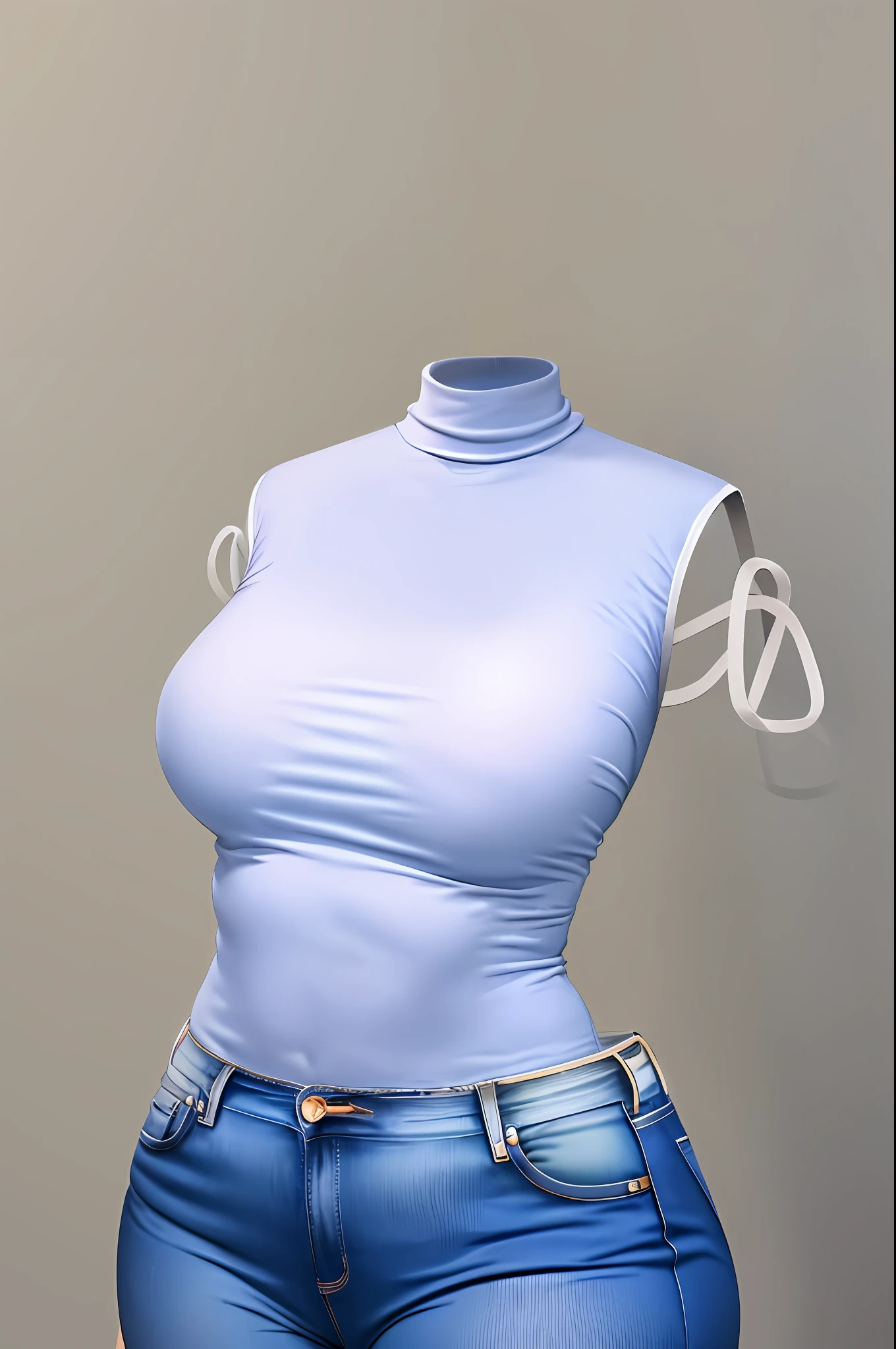 masterpiece, best quality, 1girl, solo, invisible, dark blue jeans, white shirt, turtleneck shirt, sleeveless shirt ((((no humans)))), (headless), faceless, empty clothes, anime, curves, focus on breasts, closeup on breasts, zoom on breasts, medium breasts, visible_nipples