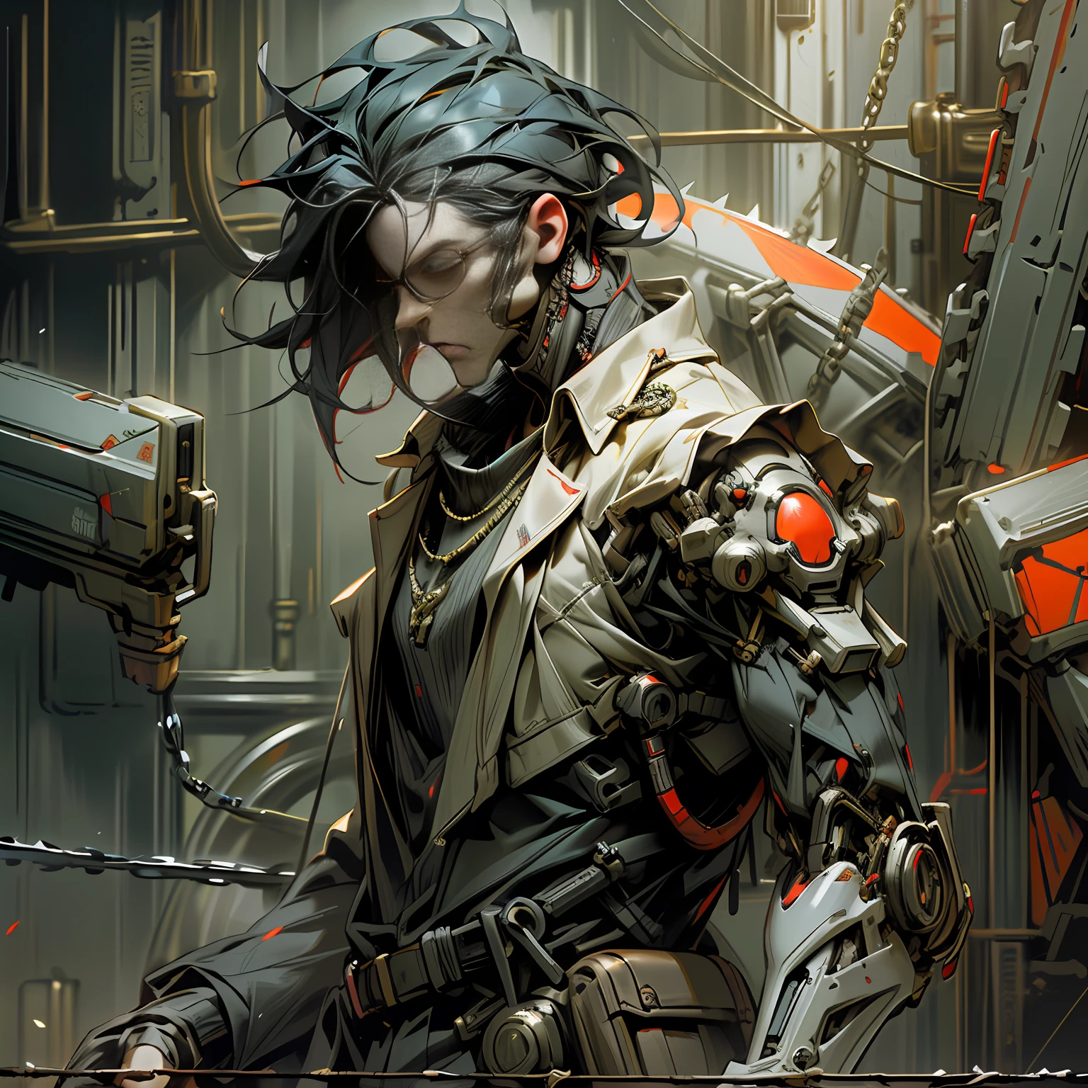 Dark_Fantasy,Cyberpunk,(chain saw,chain saw man,Red:1.1),1man,Mechanical marvel,Robotic presence,Cybernetic guardian,