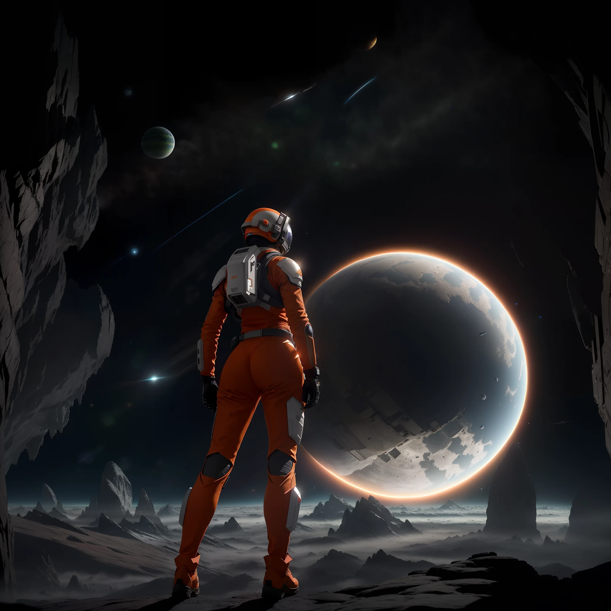 rear angle, Highly detailed RAW color Photo, Rear Angle, Full Body, of (female space soldier, wearing orange and white space suit, helmet, tined face shield, rebreather, accentuated booty), outdoors, (looking up at advanced alien structure, on alien planet), toned body, big butt, (sci-fi), (mountains:1.1), (lush green vegetation), (two moons in sky:0.8), (highly detailed, hyperdetailed, intricate), ((DAY TIME)), (lens flare:0.7), (bloom:0.7), particle effects, raytracing, cinematic lighting, shallow depth of field, photographed on a Sony a9 II, 50mm wide angle lens, sharp focus, cinematic film still from Gravity 2013, from behind