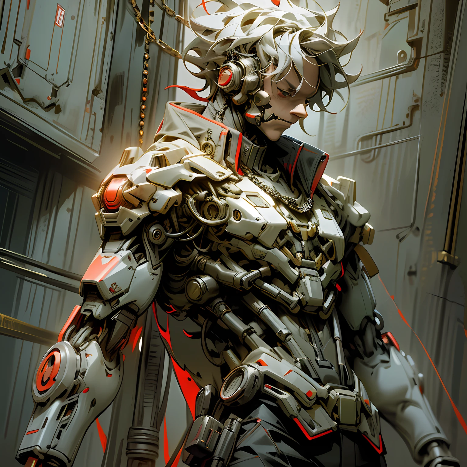 Dark_Fantasy,Cyberpunk,(chain saw,chain saw man,Red:1.1),1man,Mechanical marvel,Robotic presence,Cybernetic guardian,