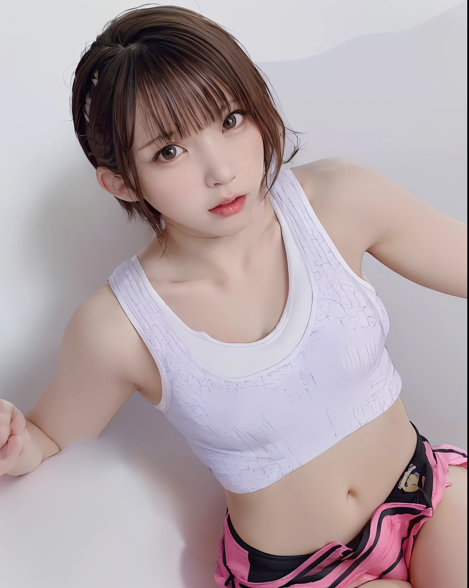 best quality, photorealistic, 8k, high res, 1girl, woman, (skindentation), (portrait:0.6), gorgeous, ((whitebackground, sport tanktop, small breast:1.8)), ((short straight hair, parted bangs:1.8)), looking at viewer, (1girl eyes looking at viewer:1.6), photorealistic, (bokeh), (closed mouth:1.6), gorgeous, pureerosface_v1,