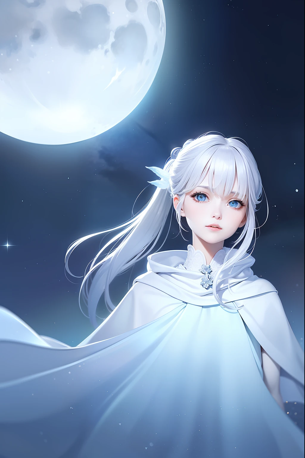 Masterpiece, (Best Quality: 1.2), (Super Fine: 1.2), Illustration, (Extremely Delicate and Beautiful: 1.2), Film Angle, Floating, (Beautiful Detail Eye: 1.1), (Detail Light: 1.1), Film Lights, Delicate Sky, Woman, White Hair, Blue Eyes, (High Ponytail: 1.1), Cloak, Glowing Eyes, (Moon: 1.2), (Moonlight: 1.1), Starry Sky, (Light Particles: 1.1), Fog , snow painting, sketching, blooming