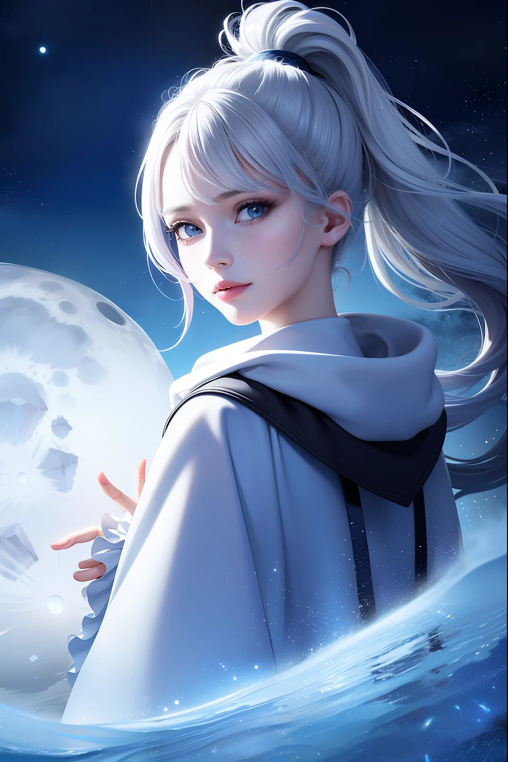 Masterpiece, (Best Quality: 1.2), (Super Fine: 1.2), Illustration, (Extremely Delicate and Beautiful: 1.2), Film Angle, Floating, (Beautiful Detail Eye: 1.1), (Detail Light: 1.1), Film Lights, Delicate Sky, Woman, White Hair, Blue Eyes, (High Ponytail: 1.1), Cloak, Glowing Eyes, (Moon: 1.2), (Moonlight: 1.1), Starry Sky, (Light Particles: 1.1), Fog , snow painting, sketching, blooming