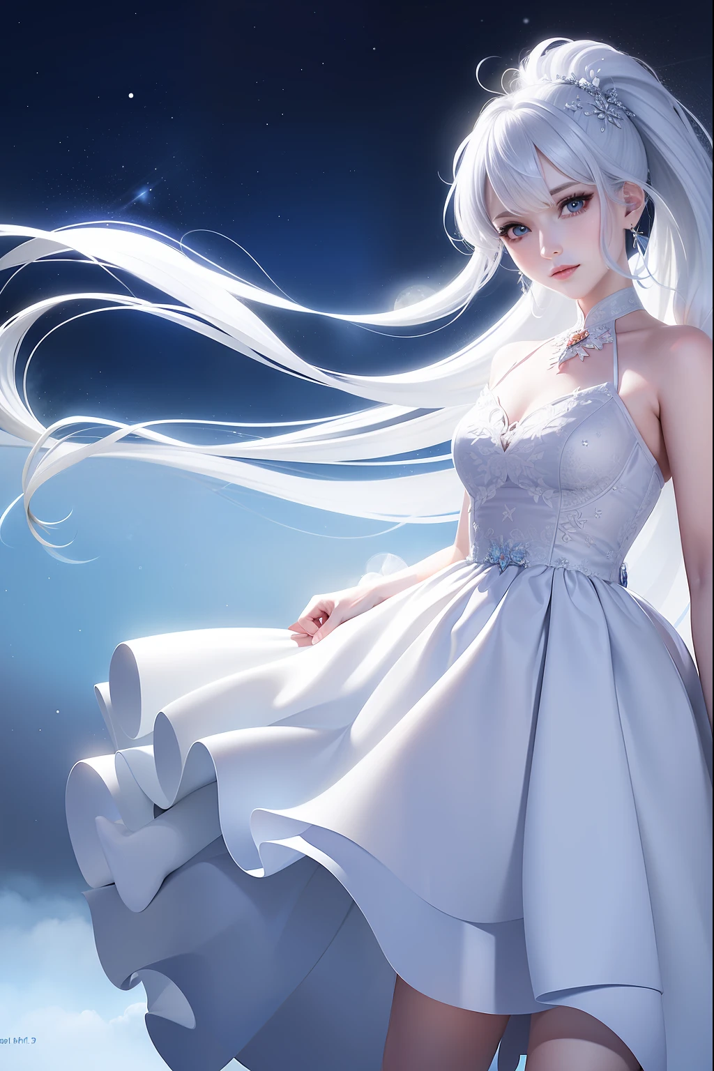 Masterpiece, (Best Quality: 1.2), (Super Fine: 1.2), Illustration, (Extremely Delicate and Beautiful: 1.2), Film Angle, Floating, (Beautiful Detail Eye: 1.1), (Detail Light: 1.1), Film Lights, Delicate Sky, Woman, White Hair, Blue Eyes, (High Ponytail: 1.1), Cloak, Glowing Eyes, (Moon: 1.2), (Moonlight: 1.1), Starry Sky, (Light Particles: 1.1), Fog , snow painting, sketching, blooming