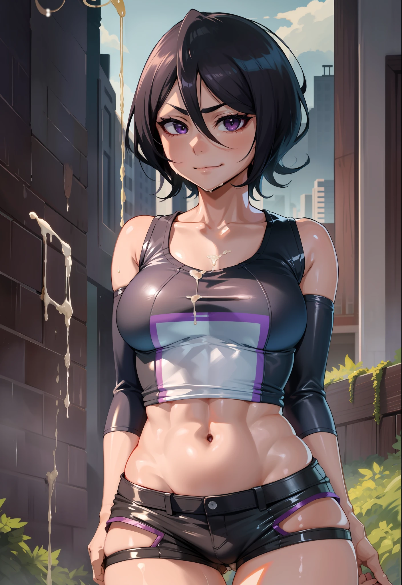 anime screencap, city, 1girl, solo, short hair, black hair, purple eyes, looking at the viewer, hair between eyes, closed mouth, smirk, sweatshirt, lower chest, sleeveless, short shorts, female groin, bare legs, big ass, chubby legs, cum bathed, cum on hair, cum glass of cum