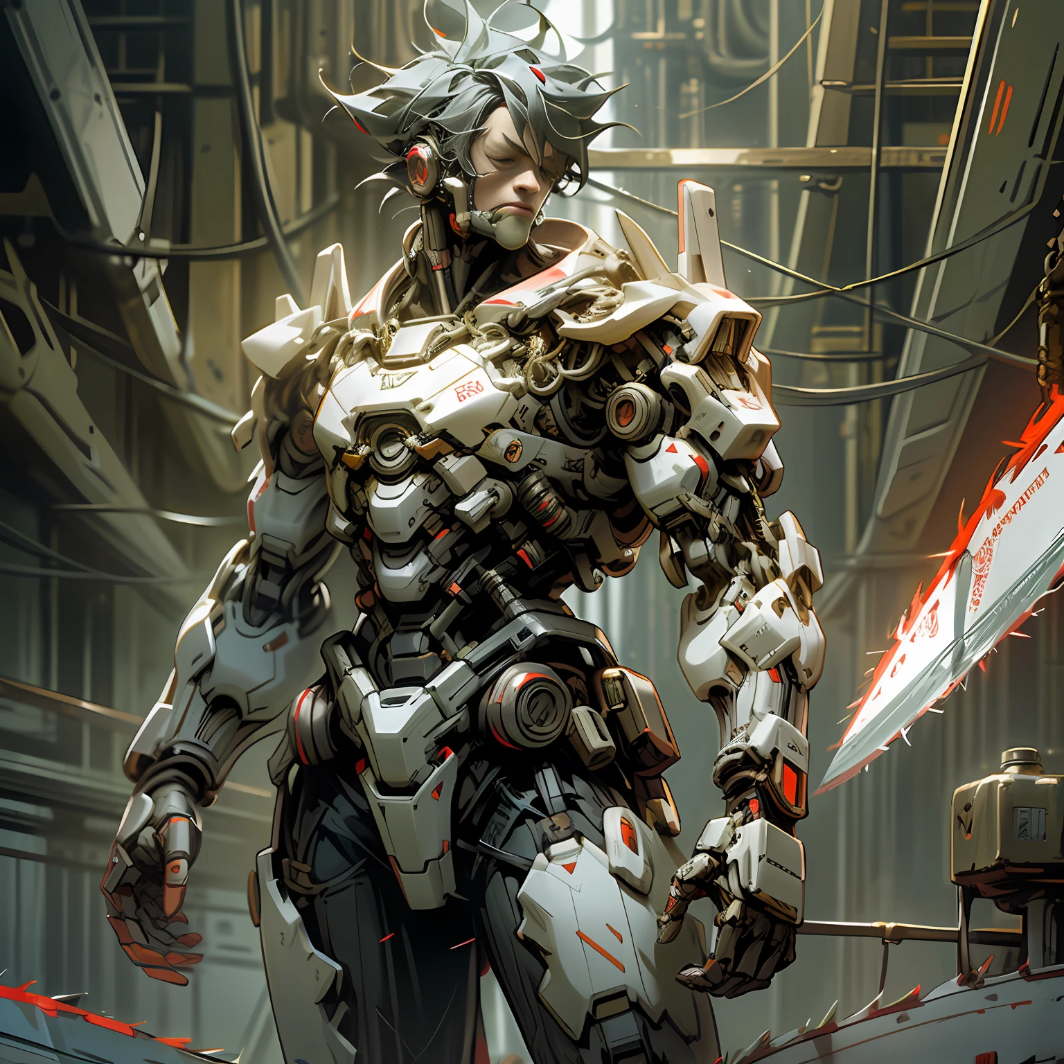 Dark_Fantasy,Cyberpunk,(chain saw,chain saw man,Red:1.1),1man,Mechanical marvel,Robotic presence,Cybernetic guardian,