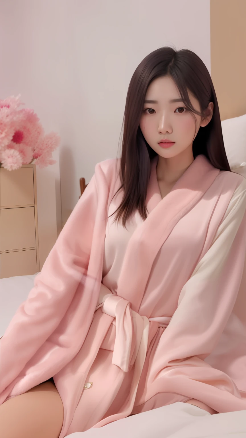 araffe woman in a pink robe sitting on a bed, beautiful south korean woman, beautiful young korean woman, heonhwa choe, korean woman, jaeyeon nam, gorgeous young korean woman, korean girl, lee ji-eun, lee ji - eun, wearing white silk robe, hwang se - on, sun yunjoo, kwak ji young