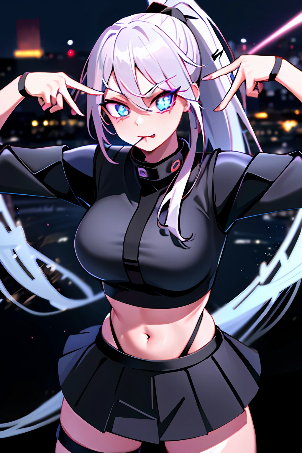 Masterpiece, High quality, 4k, ai's pose, 1girl, solo, :p, v, city_background, double v, Anime, ninja, white hair, ponytail, blue eyes, glowing eyes, crop top, miniskirt, ninja, katana, 1girl, ninja_star (symbol), symbol-shaped pupils,