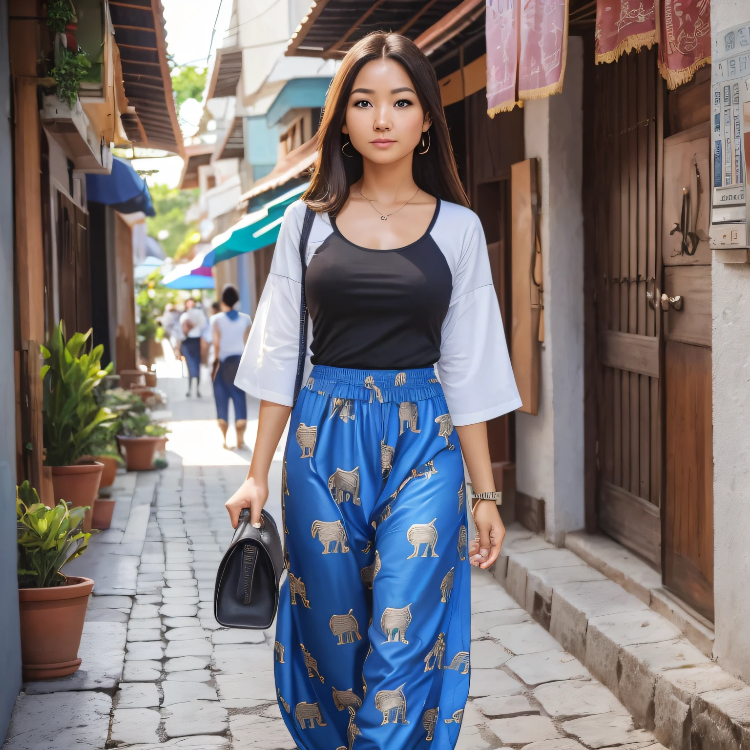 (best quality: 1.4), (ultra highres: 1.2), (photorealistic: 1.4), (8k, RAW photo: 1.2), (medium shot: 1.4), (blue eyes), blonde woman,dark hair, walking on the street, blue dress, ( ThaiElephantHaremPants: 1.3), (white top: 1.2), (nice sandals), (natural light), (rim light)https://www.seaart.ai/home#:~:text=1.2)%2C%20(photorealistic%3A%201.4)%2C%20(-,8k%2C%20photo%20RAW%3A%201.2)%2C%20(shot%20m%C3%A9dio%3A%201. 4)%2C%20(eyes%20blue)%2C%20woman%20brunette%2Csmiley%20walking%20in%20street%2C%20dressing%20clothes%20da%20moda%20(%20ThaiElephantHaremPants%3A%201.3)%2C%20(top%20black%3A%201.2)%2C%20(shoes%20agrad%C3%A1veis)%2C%20(light%20natural)%2C%20(light%20of%20aro)%20n%C3%A3o%20usa%20bag%2C%20%2Dauto%20%2Ds2,-268/2000,woman this with empty hands --auto --s2