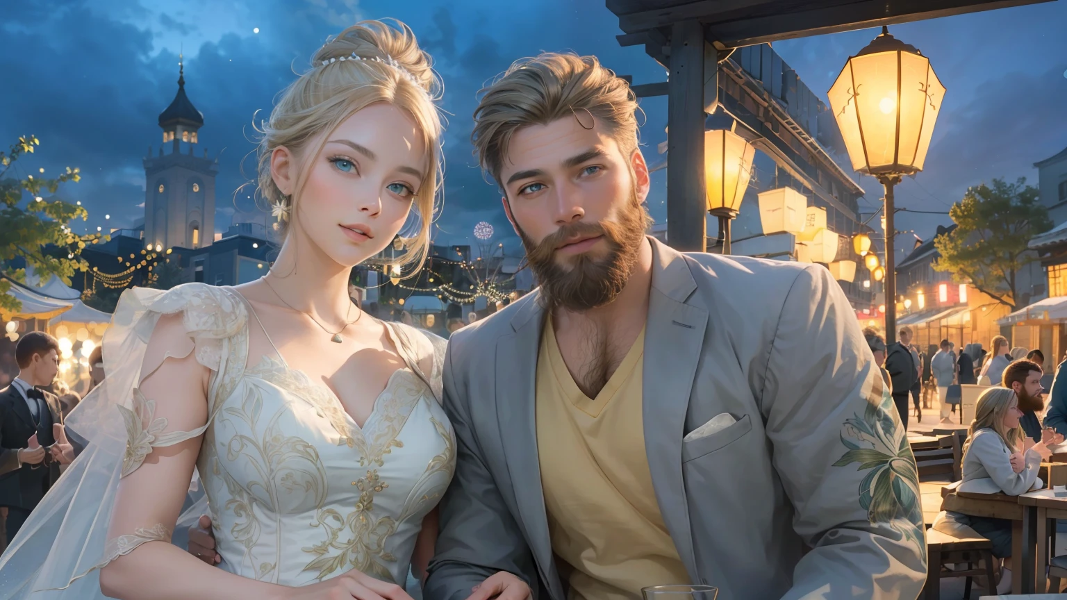 (1 blonde girl with green eyes), (1 adult brunet man with beard), (male and female), (masterpiece:1.2, best quality), girl with a bun, happy couple, (correct anatomy), a high resolution, (beautiful detailed faces), (detailed beautiful eyes: 1.2), ((anatomically correct hands)), (detailed 8k wallpaper, masterpiece, best quality, best shadow), ( detailed background), (depth of field, bokeh:1.2), (best illumination, an extremely delicate and beautiful), semi-realistic, evening dramatic lighting, sunset sky, in the background asian festival