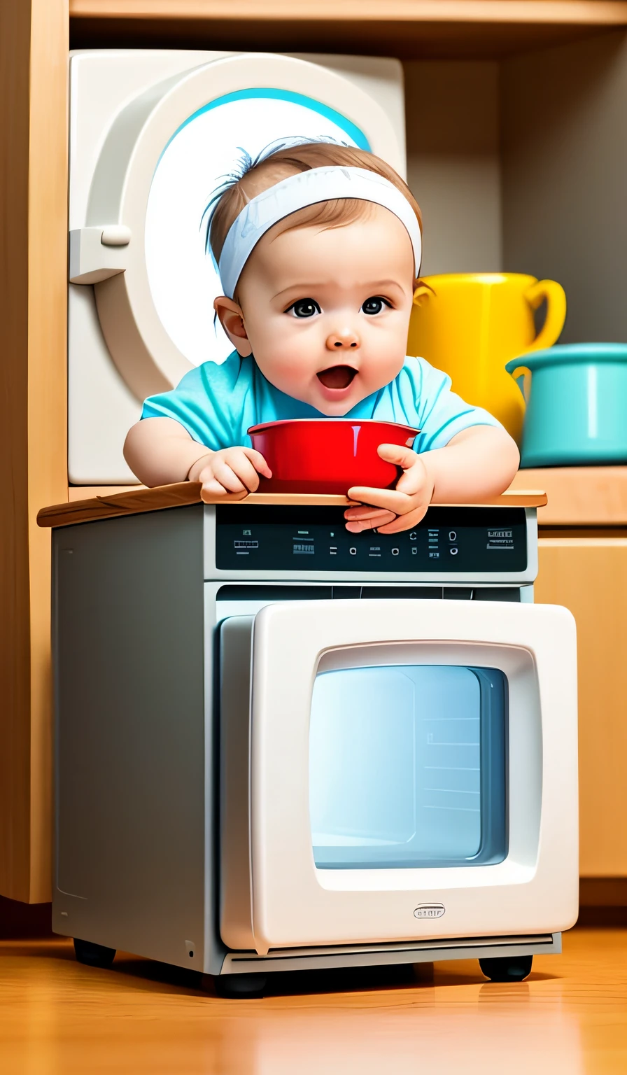 There is a  who is sitting in a microwave, promotional art, toy commercial photo, Instagram post, memes, tiktok trend, tv commercial, album art, 9 0 s toy commercial, 4 0 9 6, in a kitchen, smalen, cooking