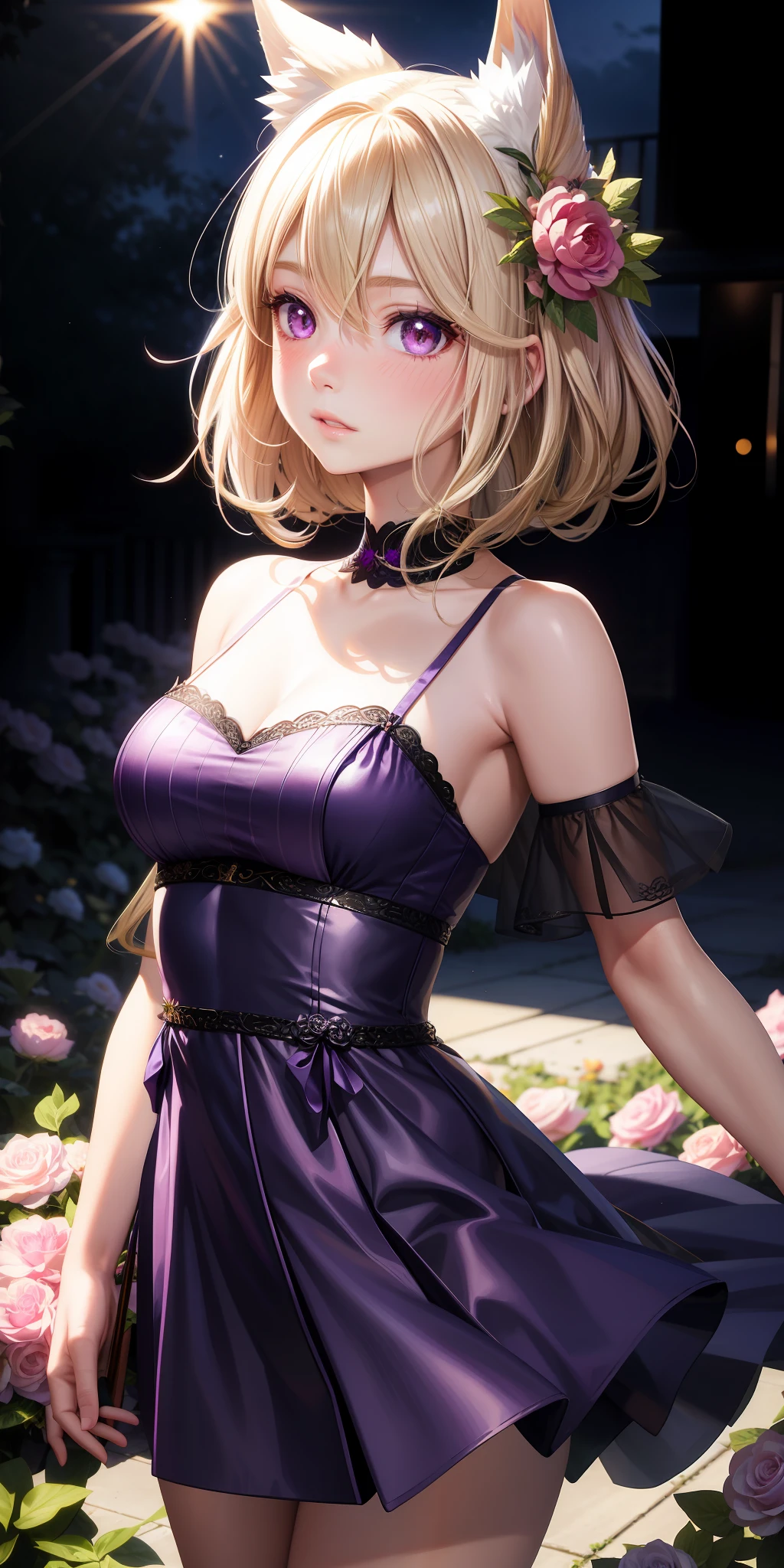 realistic, 1girl, long blond wavy hair, purple eyes, glowing eyes, short dress, visible shoulders, parted lips, blush, night, flowers, sun, sunlight, dog ears