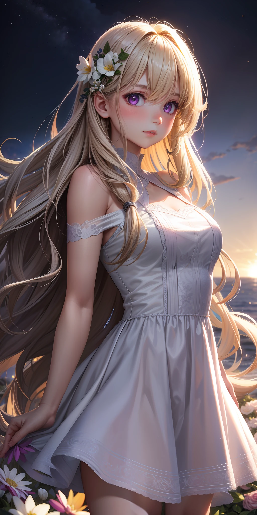 realistic, 1girl, Long wavy blond hair, purple eyes, glowing eyes, short white brown dress, Visible shoulders, parted lips, blush, night, flowers, sun, sunlight,