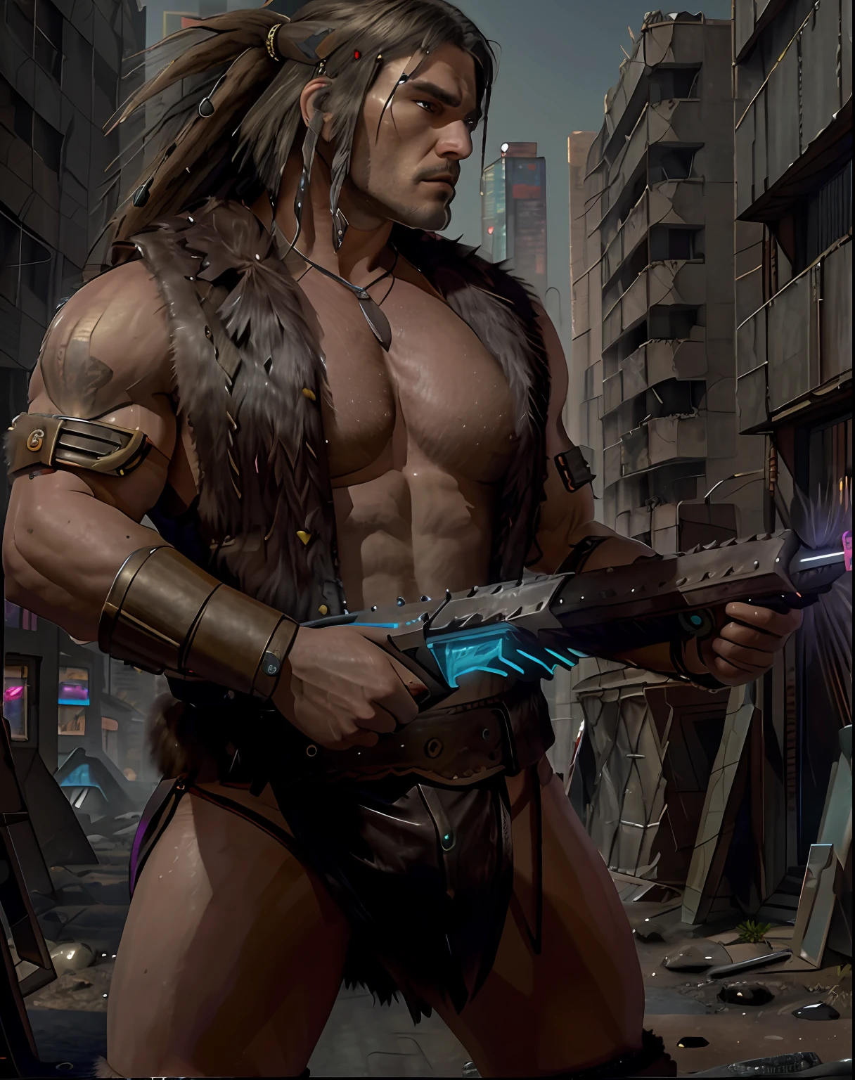 TiagoTurilli, man, aggressive look, white hair, wearing barbarian clothing, ((Best quality)), ((Masterpiece)), portrait of (cyberpunk:1.3) barbarian man with long and embarrassed hair wearing a fur armor and leather made with buffalo skin, ultra realistic 8k.