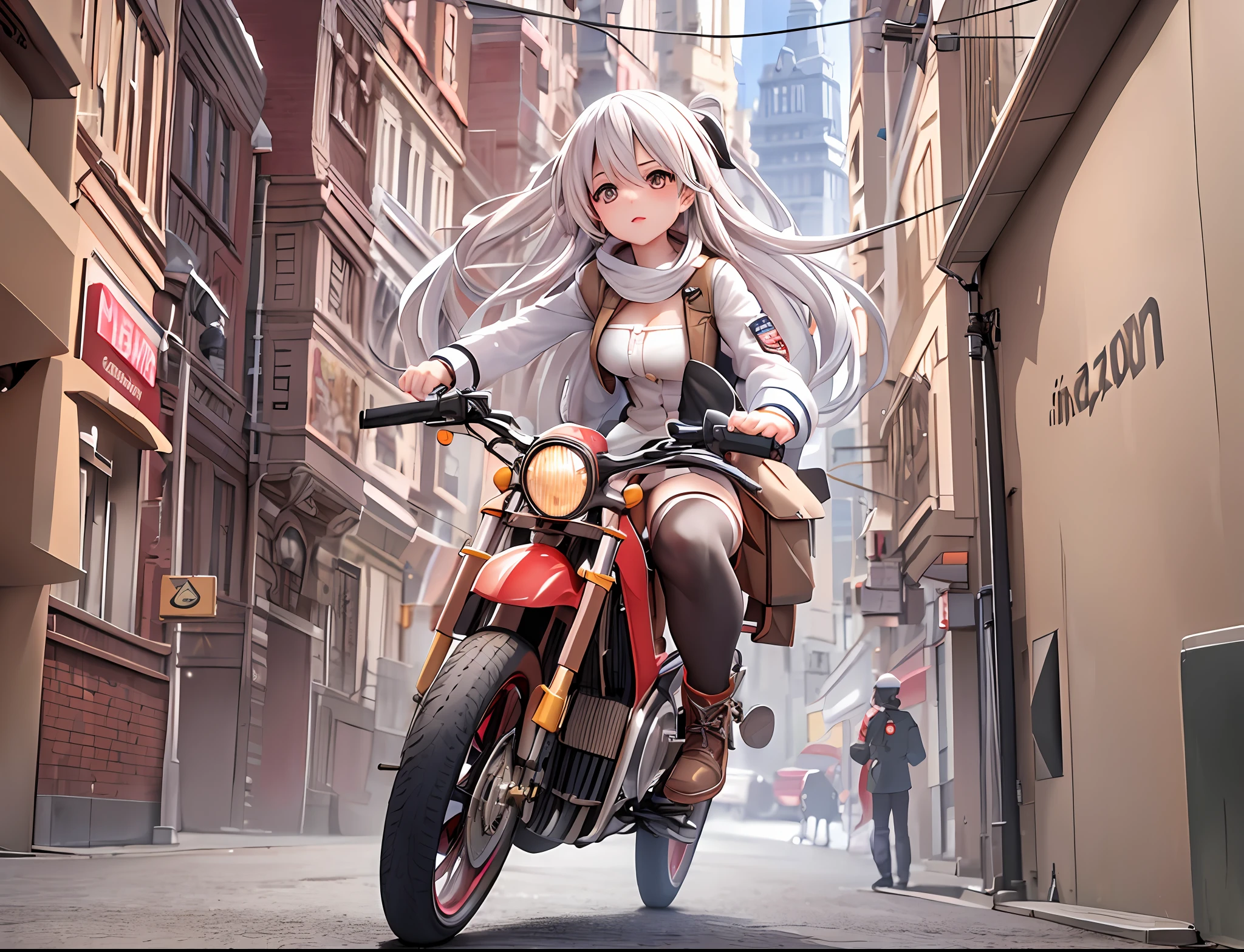(realistic:1.2), (best quality:1.4), (masterpiece:1.2), (ultra highres:1.2), (photorealistic:1.4), (8k, RAW photo:1.2), professional lighting, photon mapping, radiosity,physically-based rendering, detailed, beautiful delivery girl, on a flying steampunk motorcycle, white hair, wearing red shoes, carrying packages on hand, advanced buildings in the background, packages on hand, hold packages, hold box, boxes, amazon box, delivery, carrying box,