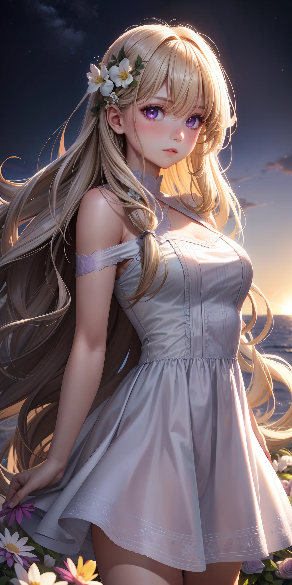 realistic, 1girl, Long wavy blond hair, purple eyes, glowing eyes, short white brown dress, Visible shoulders, parted lips, blush, night, flowers, sun, sunlight,