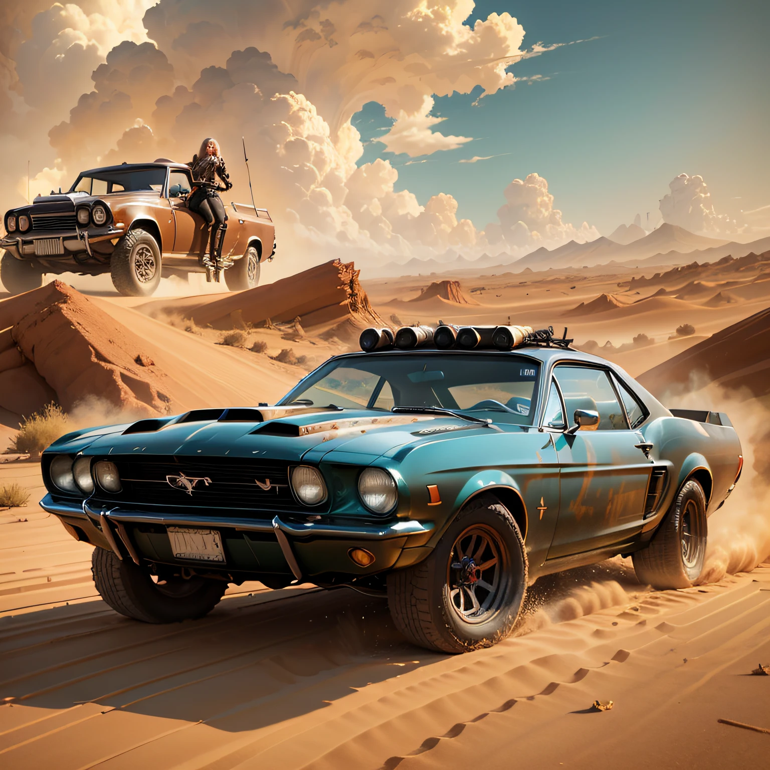 cel shading, thick black outline, flat color, (highres: 1.1), best quality, (masterpiece: 1.3), beautiful lighting, intricate (high detail: 1.2), 1girl, (mad max fury road: 1.1), ( apocalypse: 1.1), mustang, 1967, red, wastelands, an epic cinematic concept art highly detailed CG render digital painting art, screencap anime --auto --s2
