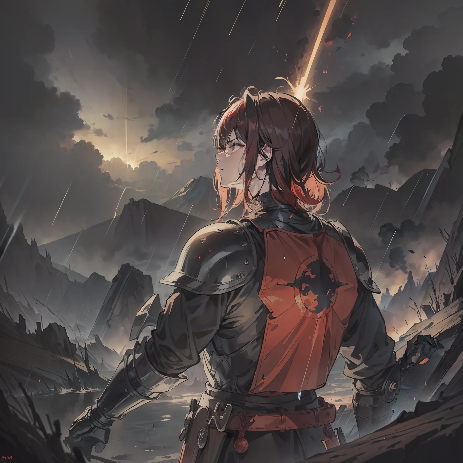 (anime-style details,masterpiece,best quality:1.2),(black armor,medieval context),(man with dark red hair, battlefield),(helmet on all head),(upper body, back, heroic posture:1.3),(no weapons), [dark forest:1.2],stormy sky, lightning,(reflection: 1.1), (heavy rain),tense and dark atmosphere, blur in man, man far away,(medieval-style filter:  embedding)