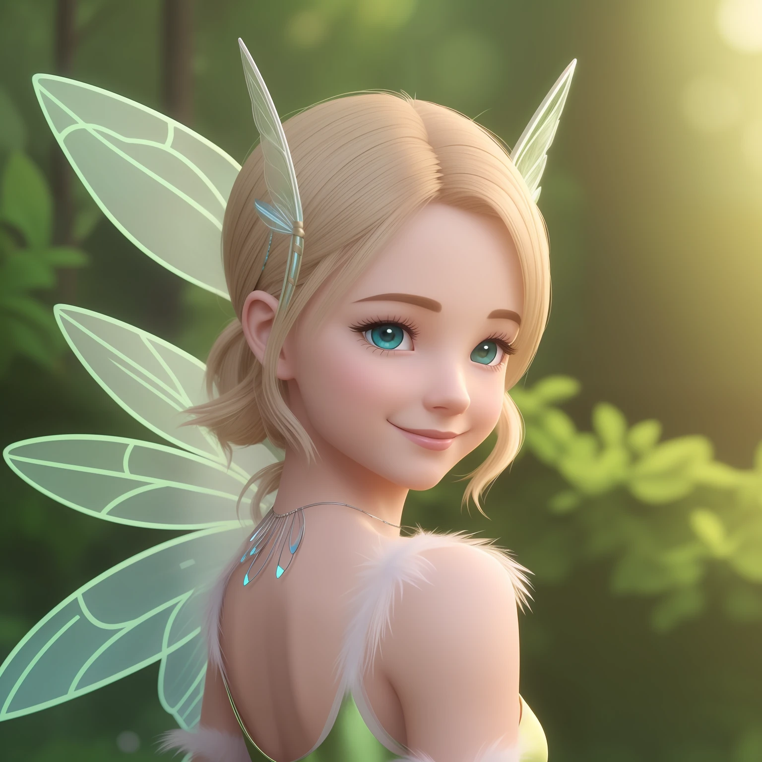 8k animation, realistic, fairy Tinkerbell, smiling