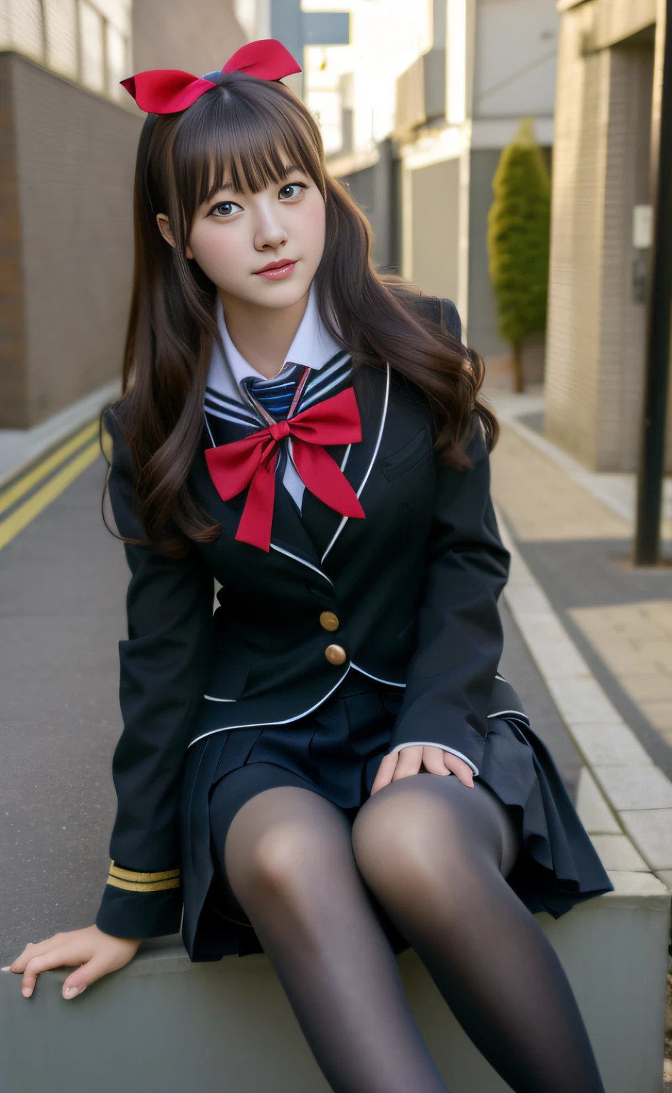 Black stockings, red bow tied behind hair, black skirt, big breasts, long hair, tunic, HD texture, ulzzang-6500-v1.1, (raw photo:1.2), (photorealistic:1.4), beautiful detailed girl, very detailed eyes and face, beautiful detailed eyes, absurd, incredibly ridiculous, huge file size, super detailed, high resolution, very detailed, best quality, masterpiece, kemomimi, ((Japanese girls' high school uniform)), illustration, very detailed, CG, unified, 8k wallpaper, amazing, fine details, masterpiece, best quality, very detailed CG uniform 8k wallpaper, face light, movie lighting, 1girl, , ((dynamic pose))), (half), (pantyhose)), ((pantyhose and leg sitting)) perfect body beauty: 1.4, hips: 1.2, (layered haircut: 1.2), (dark Street:1.3), highly detailed face and skin texture, full body, fine eyes, double eyelids, whitening skin, fine stockings