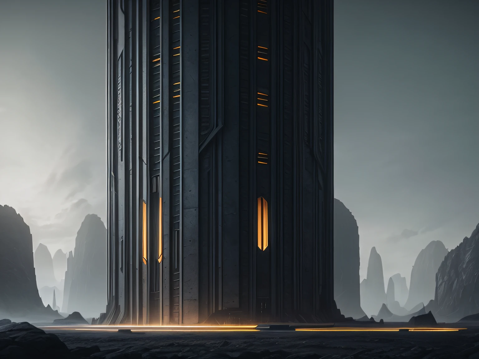 nature, epic futuristic base in the center, dark, fade, warm, glow at night, raw, hdr, (otherworldly alien dimension:1.3), cinematic, slate grey, dramatic light, architecture