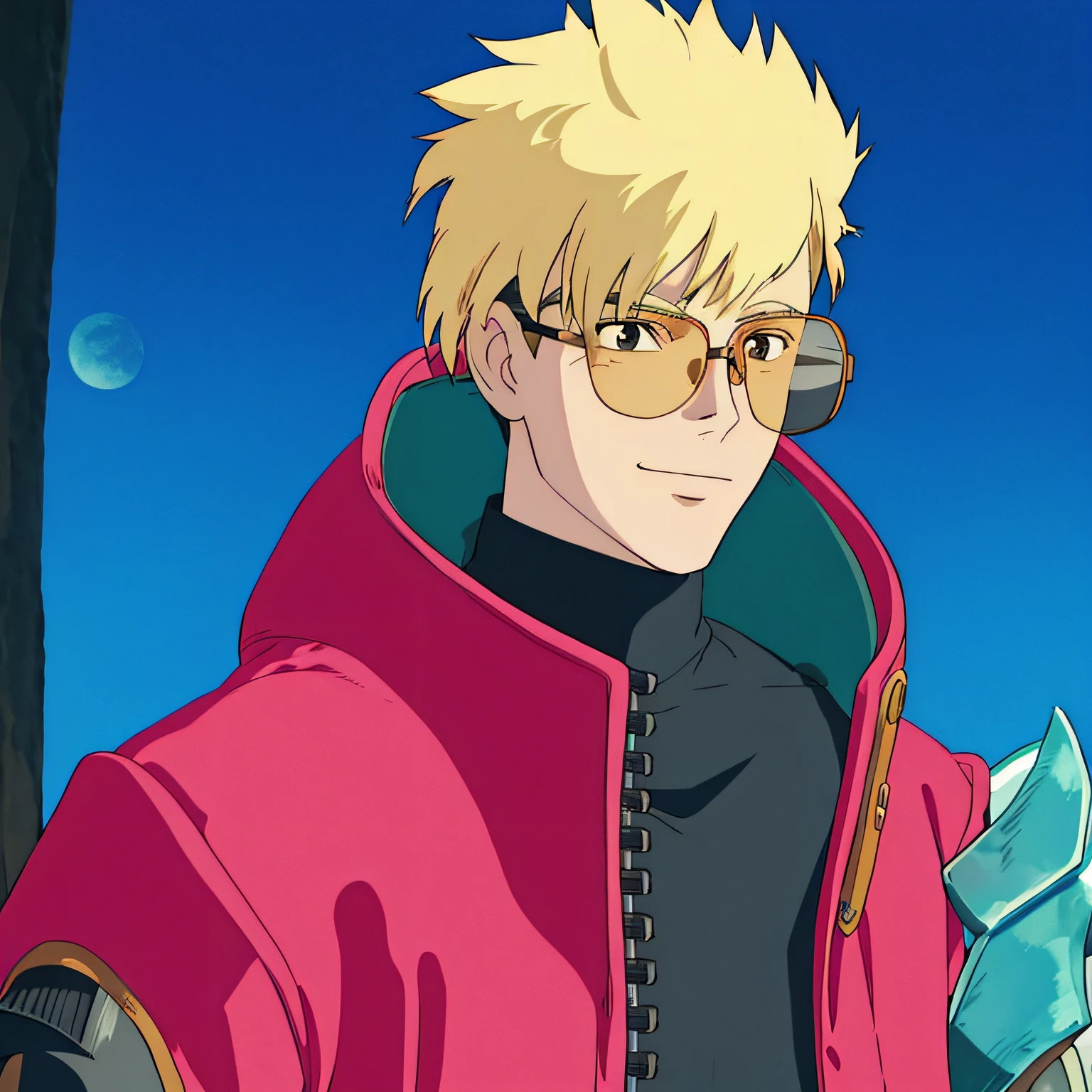 ghibli style, vash \(trigun stampede\) slightly smiling, black turtle neck, open red coat, undercut hairstyle