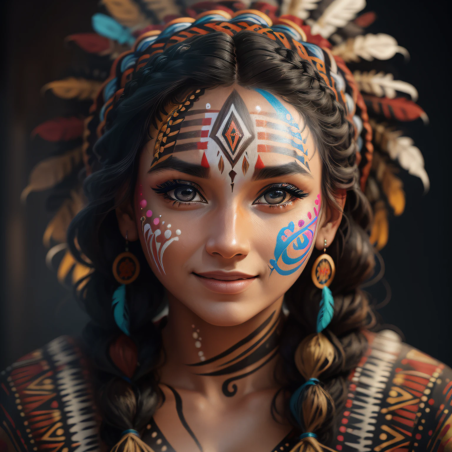 Masterpiece, absurdres,award winning photo, extremely detailed, amazing, fine detail, extremely detailed eyes and face, by lee jeffries nikon d850 film stock photograph 4 kodak portra 400 camera f1.6 lens rich colors hyper realistic lifelike texture dramatic lighting unrealengine trending on artstation cinestill 800 tungsten, beautiful 25 years old woman, smiling, excited,

NativAm, a woman in a native dress , wearing NativAm, feathers on her head , braids, native gown, native print , (face paint:1.3), --auto --s2