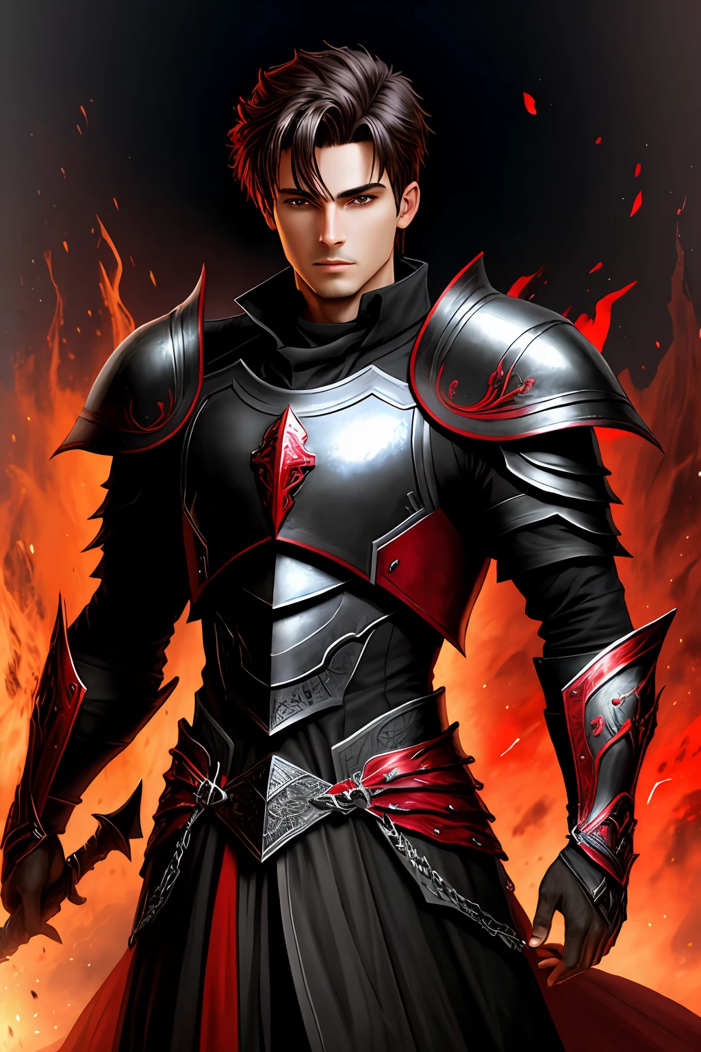 high, quality, fantasy dark male armor, black with red visor, red magic, rpg background