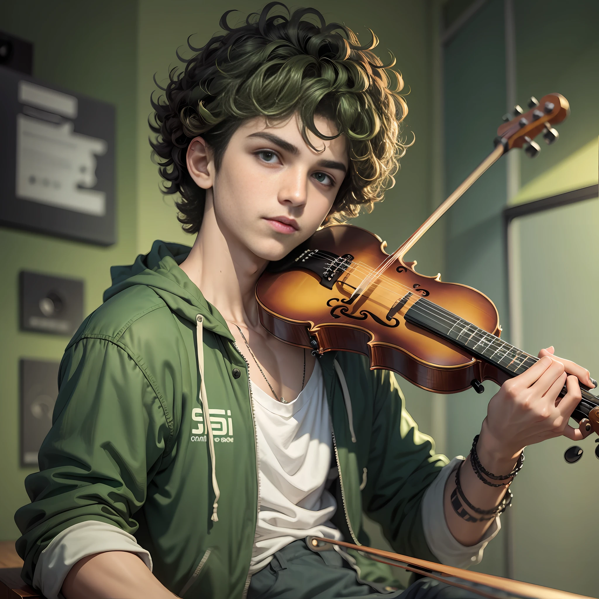 a boy Height,1.80. 
Swarthy. Curly hair. 
 Contemporary clothing style.
Green eyes. 
 This character, enjoys music, of various types and plays guitar, violin and piano.