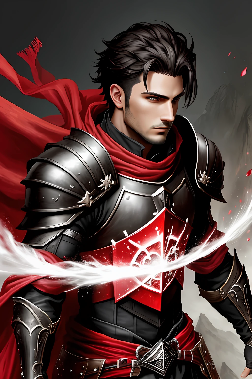 high, quality, fantasy dark male armor, black with red visor, red magic, rpg background