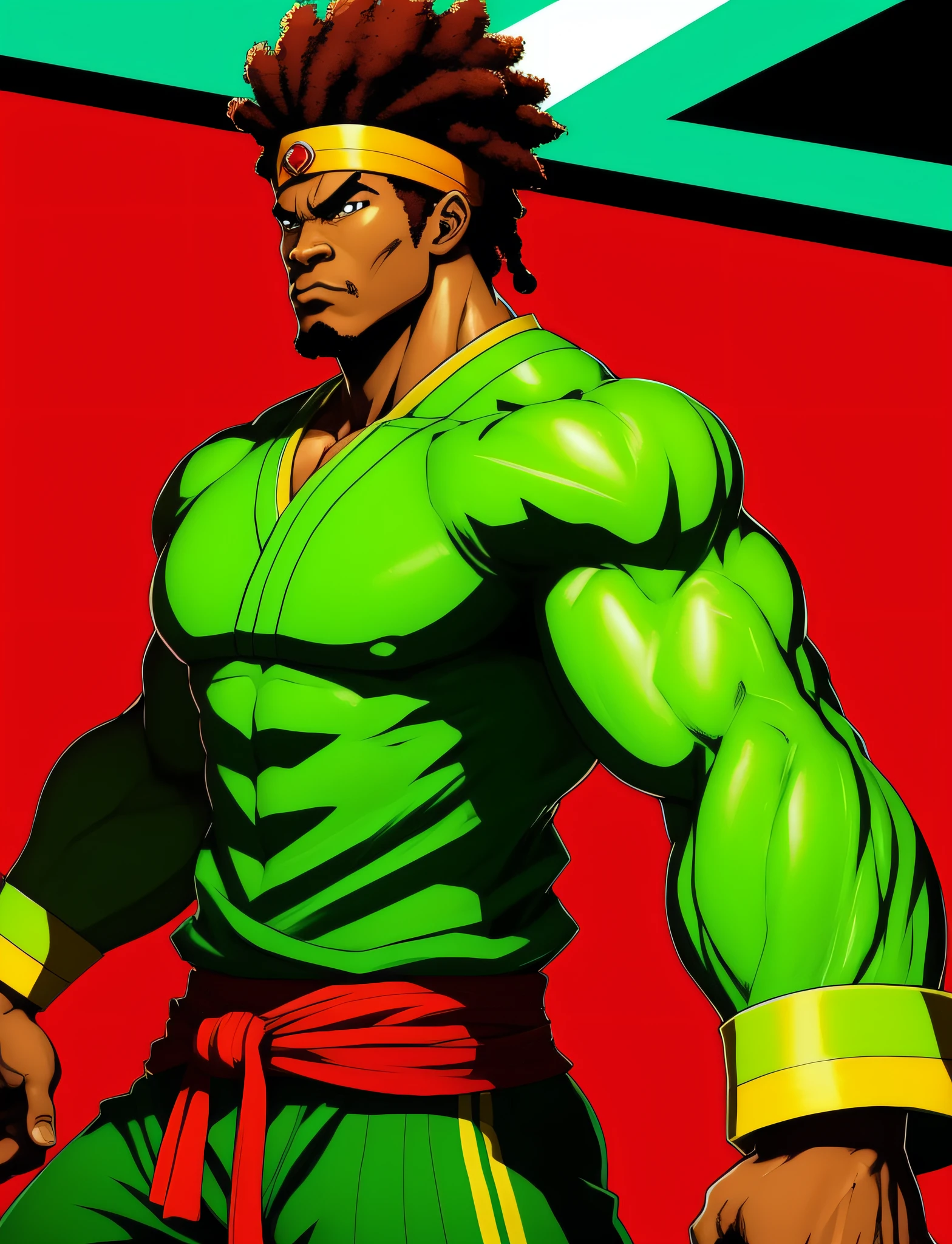 a close up of a person with a green pants and a red shirt, raggae art, sf5 ink style, sf 5 ink style, fighting game character, baki style, mudoken, heavy gesture style closeup, goro, highly detailed character design, 90s comic book character design, lucio from overwatch, striking detailed artstyle, samurai with afro