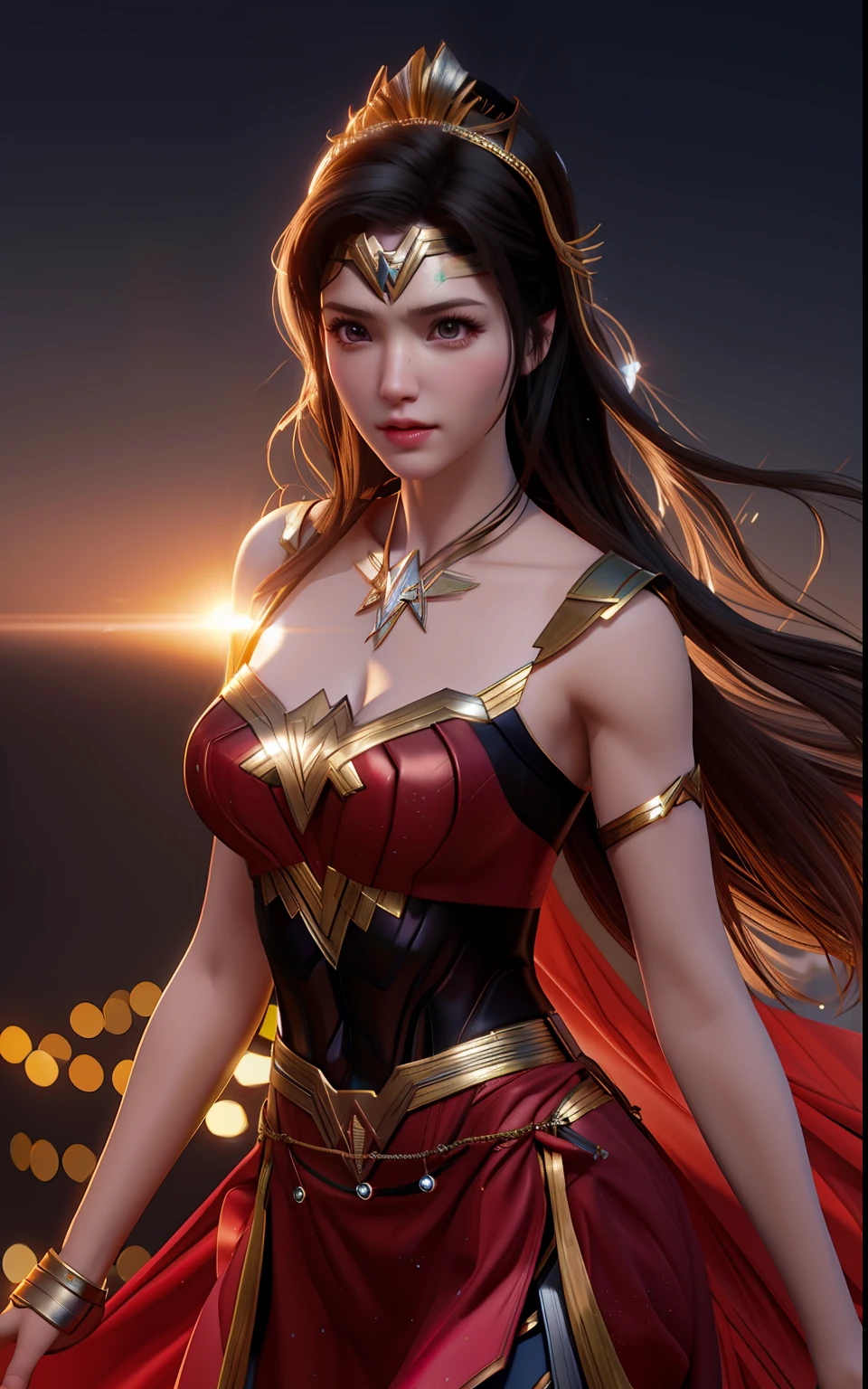 Full body wonder woman with princess features peach dramatic dinamic octane render global illumination unreal engine 5.1 art by Leonardo Diffusion