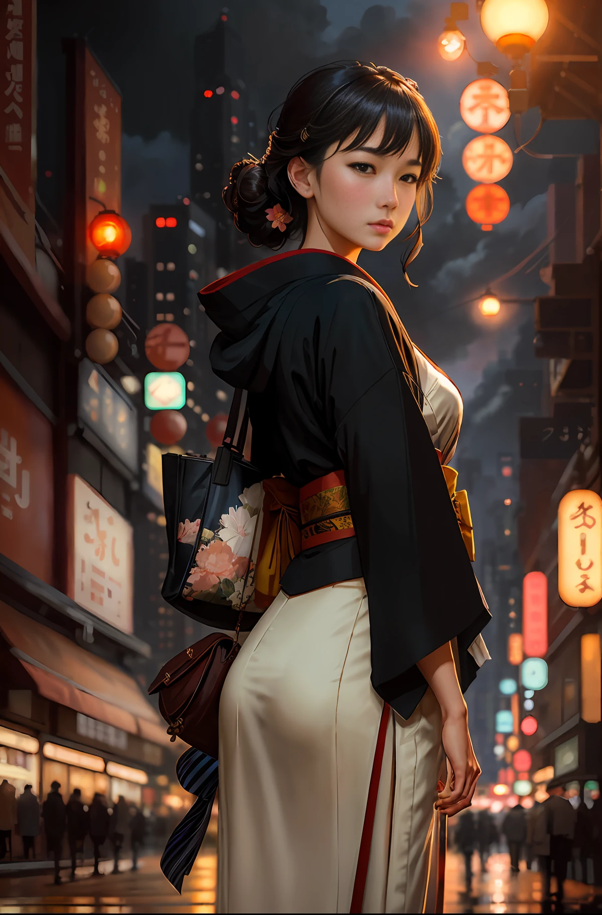Model shooting style, (extremely detailed 8k CG wallpaper), woman in kimono, standing on busy street, professional majestic oil painting by Ed Blinkey, Atey Ghailan, Studio Ghibli, Jeremy Mann, Greg Manchess, Antonio Moro, Trending at ArtStation, Trending at CGSociety, complex, high detail, Sharp focus, dramatic realism by Midjourney and Greg Rutkowski,
