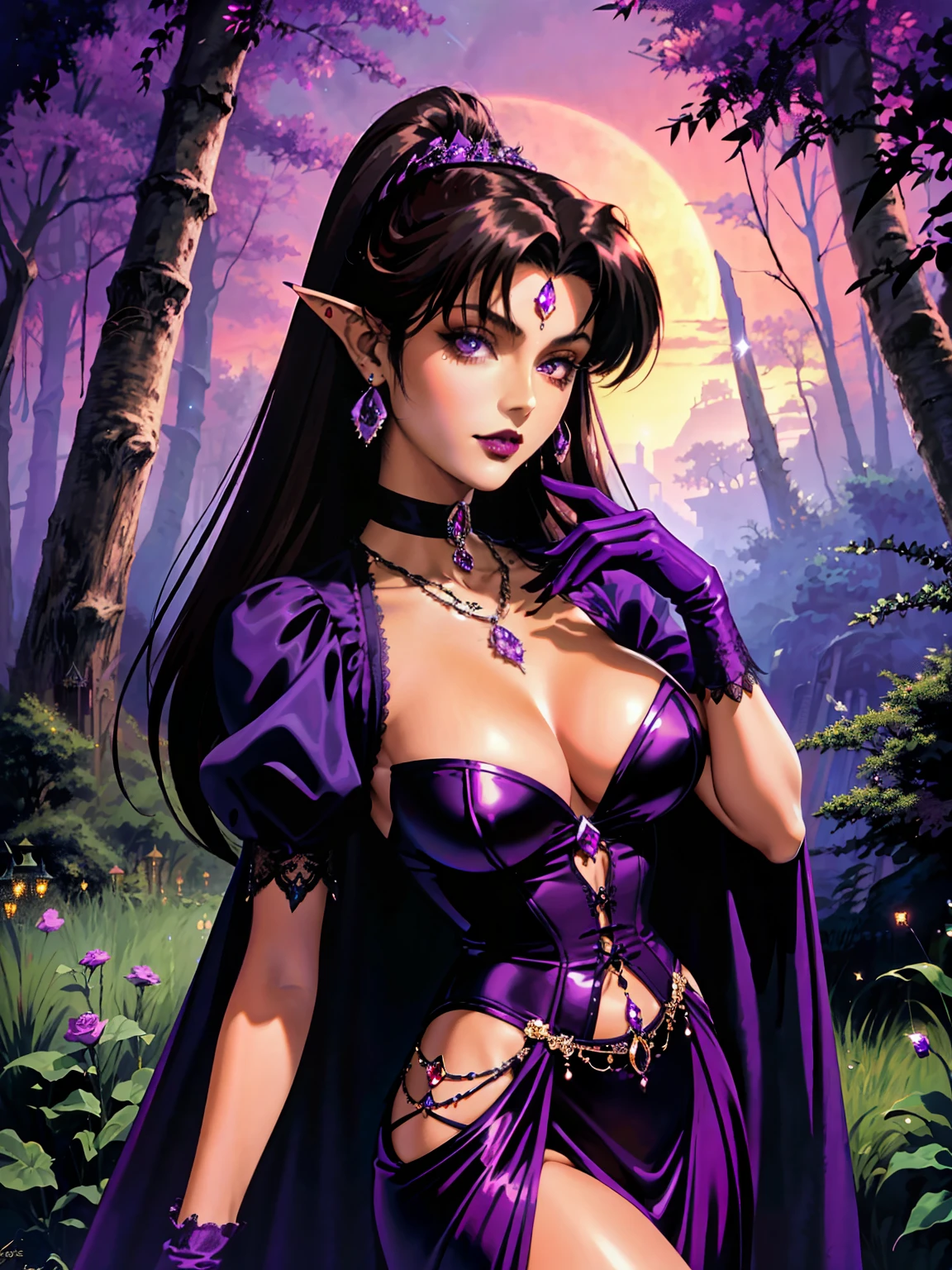 (tanned lustrous) vampire, (masterpiece), intricate details, retro, ((1999s anime)), ((best quality)), (purple gothic chateau in a forest at night), (gothic long tight sparkly) shiny [purple orange dress], vampiric ears bat, detailed lace, (natural stones) jewelry, (dark brown lips), choker, slim-thick, extremely detailed, covered, dynamic pose