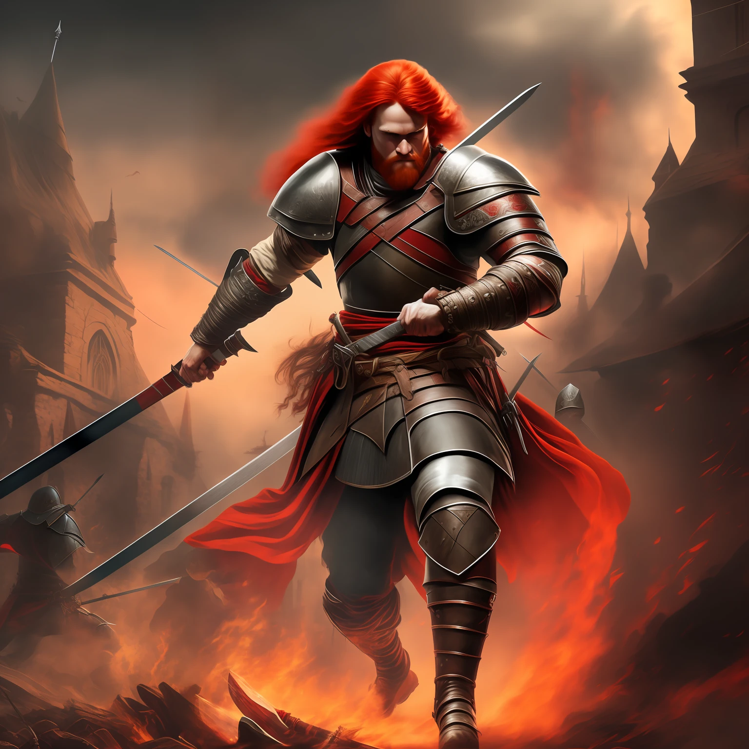 red-haired medieval warrior, very strong with his sword in his hand, attack position in a dark afternoon ( realistic ) ( high resolution ) ( war )
