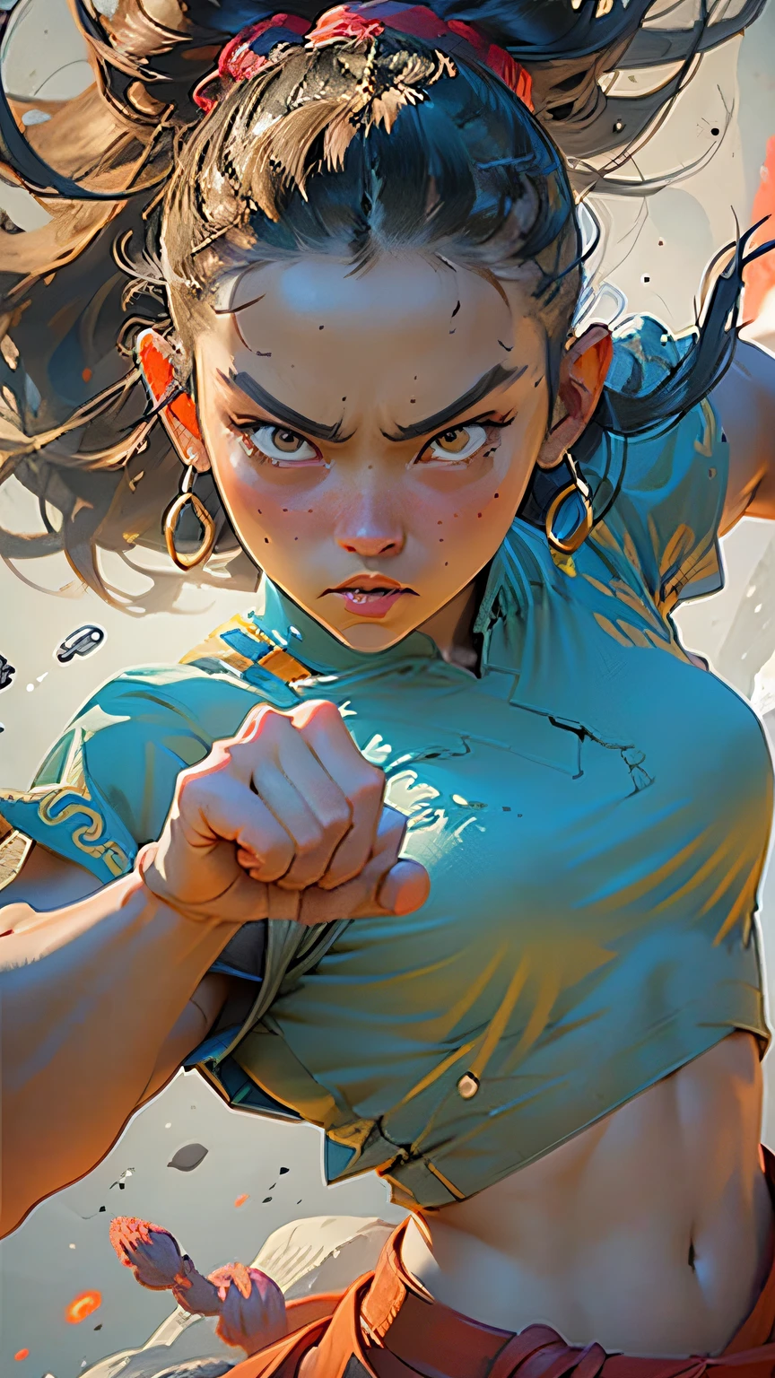 Shaolin monk girl hyper - detailed, make a super power fist and destroys the world, very beautiful and angry face, epic, cinematic 8k