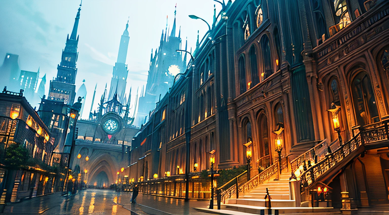 ((Best quality)), ((masterpiece)), (detailed),A vibrant and imaginative {digital painting} depicting a {fantasy cityscape} set in a {steampunk} world. The {city} should be filled with towering {mechanical structures} adorned with gears, pipes, and intricate details. The {streets} should be bustling with {flying airships} and {steam-powered vehicles}. The {color palette} should consist of {rich metallic tones} combined with pops of {bright and vivid colors}. The {art style} should be influenced by the works of {H.R. Giger} and {Hayao Miyazaki}, blending elements of {surrealism} and {cyberpunk}. The {camera} should capture the city from a {high angle} to showcase its sprawling complexity.
Art Inspirations: Art Station (steampunk artists), H.R. Giger, Hayao Miyazaki
Render Style: Surrealism, cyberpunk, vivid colors
Camera Shot: High angle
Camera Lens: Fish-eye lens
View: Overhead
