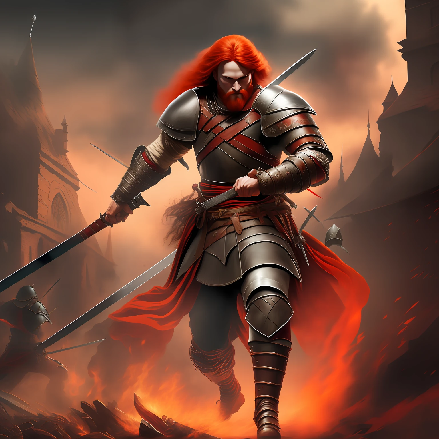 red-haired medieval warrior, very strong with his sword in his hand, attack position in a dark afternoon ( realistic ) ( high resolution ) ( war )