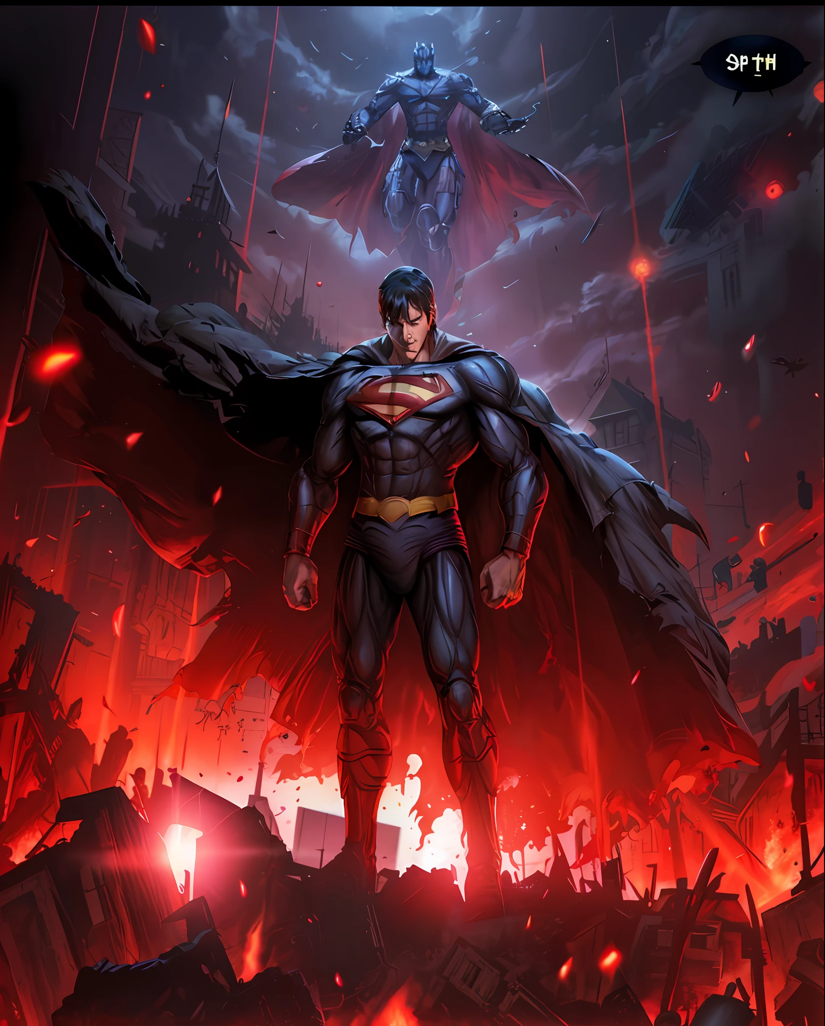 Superman in dark knight costume in front of a fire, epic anime art, artgerm craig mullins, anime concept hdr anime macmanus, jin - roh, by Arthur Pan, antoine collignon, by Yang J, with bright red eyes, style of raymond swanland, artgerm and craig mullins, red son, dan mumford. 8k octane rendering