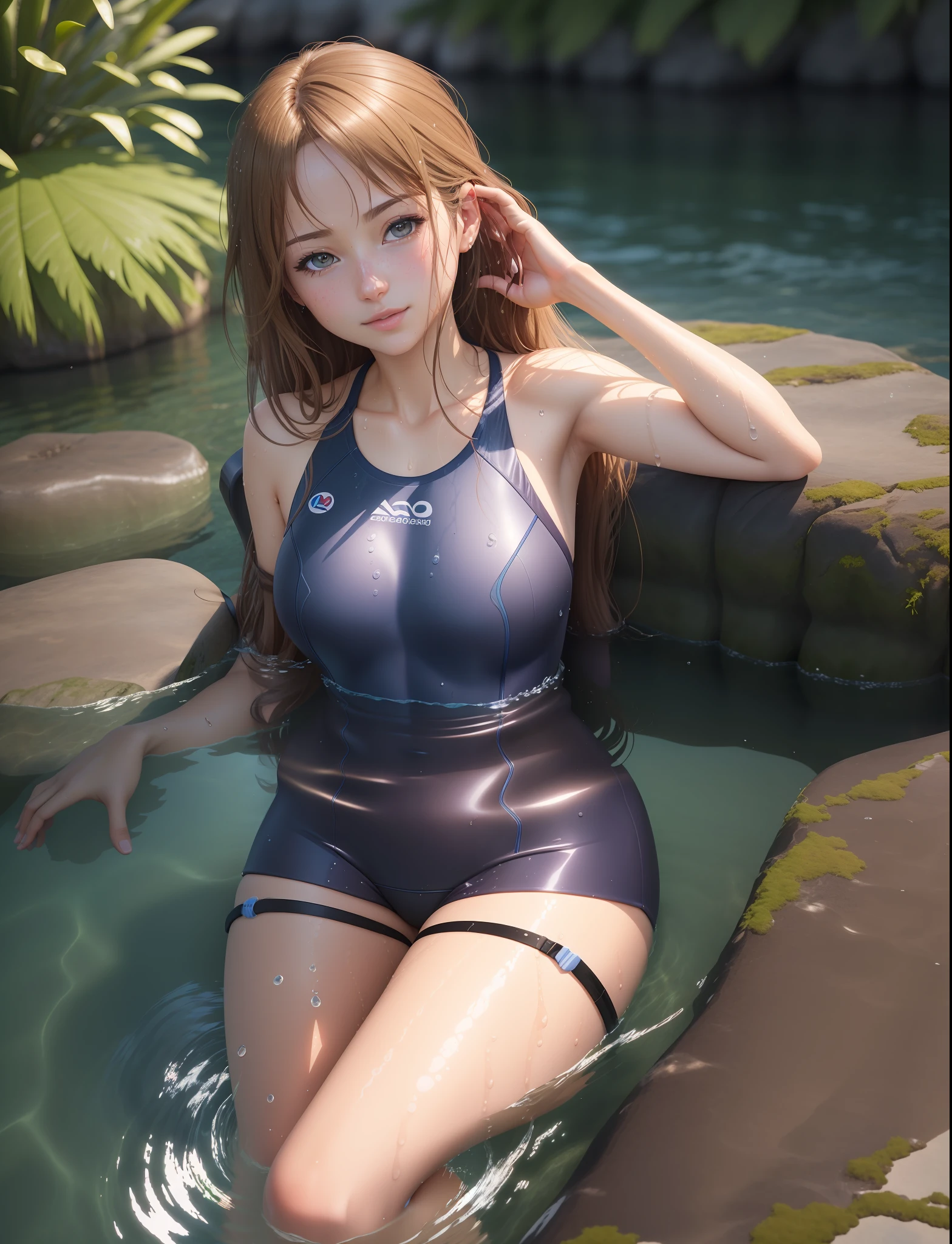 arafed woman in a wetsuit sitting in a body of water, realistic bikini, 3 d anime realistic, photorealistic perfect body, 3d anime girl, photorealistic anime girl render, wet swimsuit, hot with shining sun, realistic anime 3 d style, realistic water, realistic shaded perfect body, smooth anime cg art, seductive anime girl, beautiful alluring anime woman