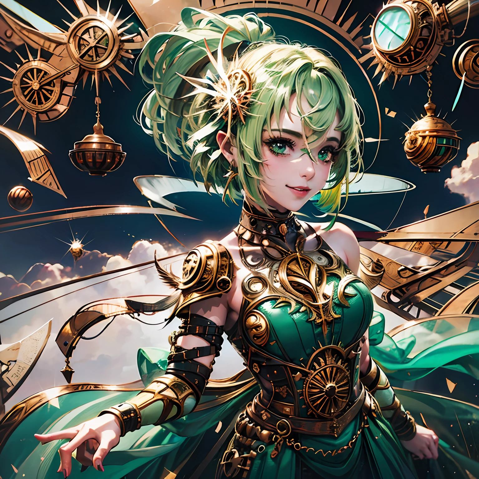 Tinkerbell, 8k animation, realistic, smiling, green dress, shoulders showing, --auto --s2
