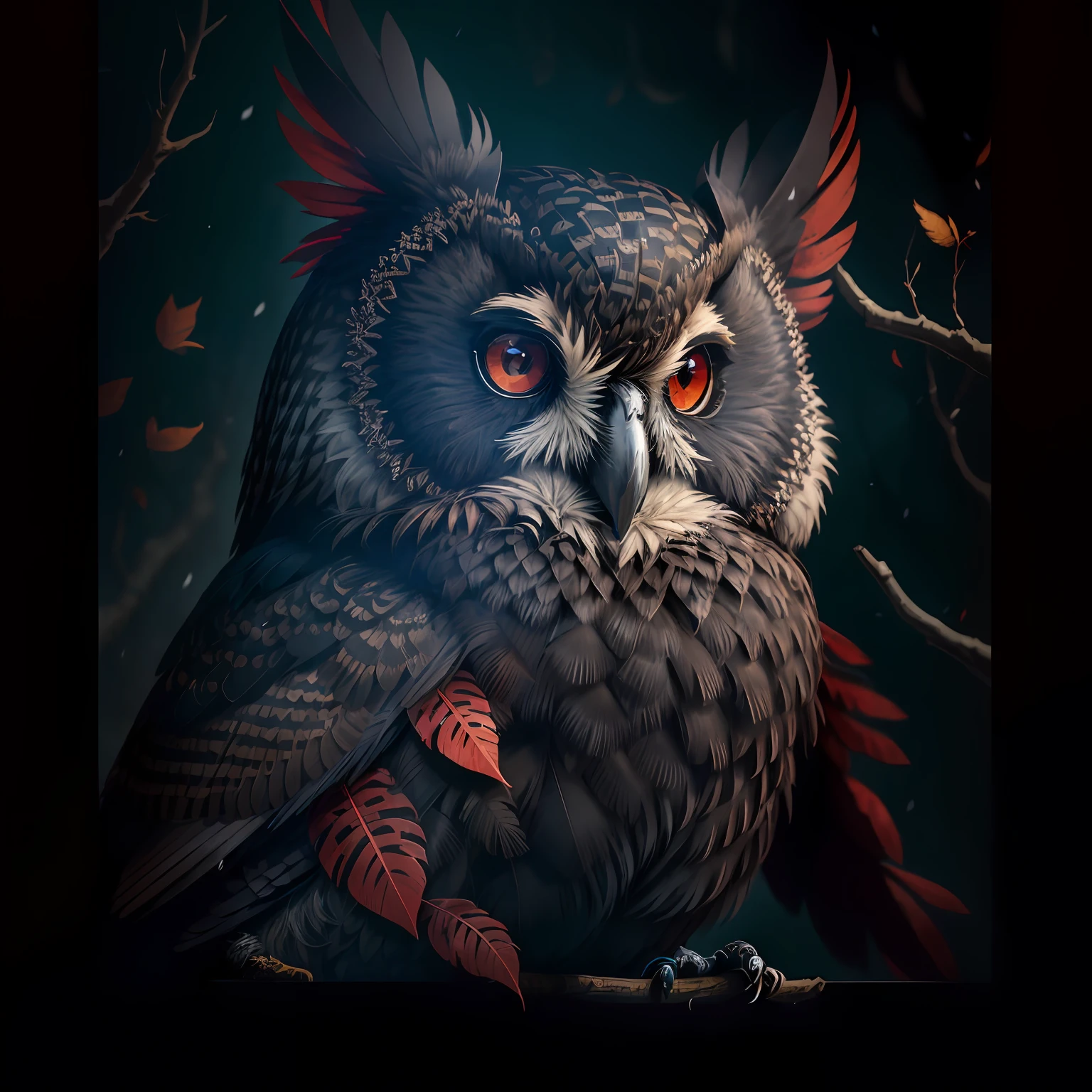 There is award-winning photo, a black bird owl sitting on a branch, feathers, evil, sinister, red eye, intricate and detailed feathers, forest background, wildlife photography, by lee jeffries nikon d850 film stockphoto 4 kodak portra 400 camera lenses f1.6 rich colors realistic texture hyper realistic lighting dramatic trend on artstation cinestill 800, Style-LostTemple, Deep shadow, high contrast, dark, full moon a picture frame, flower storm portrait, colorful portrait, fantasy portrait, detailed color portrait, digital fantasy portrait, beautiful fantasy portrait, fancy portrait, detailed portrait, digital art. Photorealistic, digital art photography, digital art, photorealistic portrait, fantasy painting style, photoshop art, high quality portrait, black --auto --s2