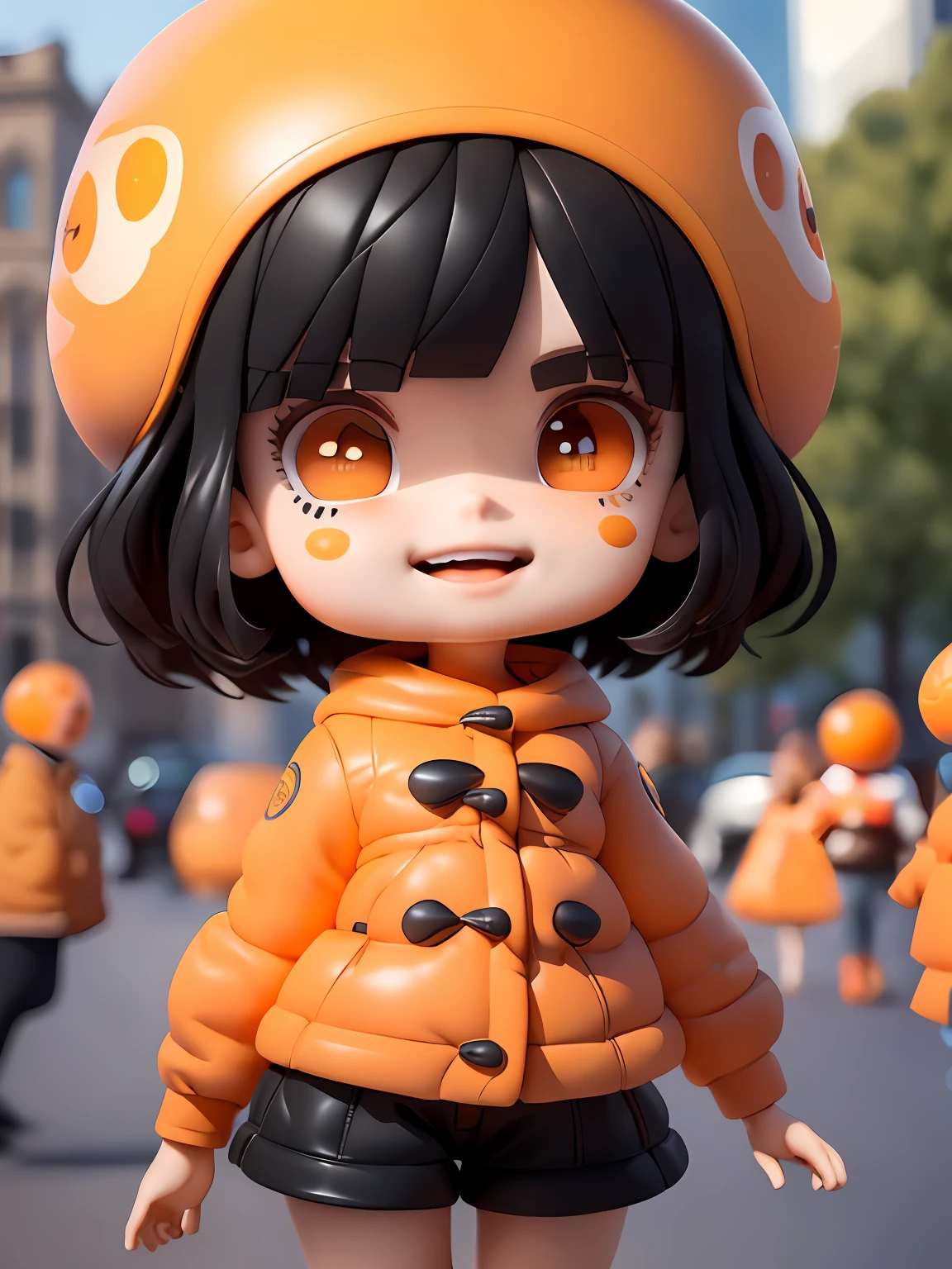 (Masterpiece), (Extreme), (Super detailed),(Body:1.9),1girl, sunshine, cute, orange, (big head:1.8), doll, smile, open mouth, city, fashion, coat, blush, tree, shirt, short hair, orange, orange headdress, blurred, long sleeves, bangs, black hair, (beautiful and detailed face), (beautiful and detailed eyes),
