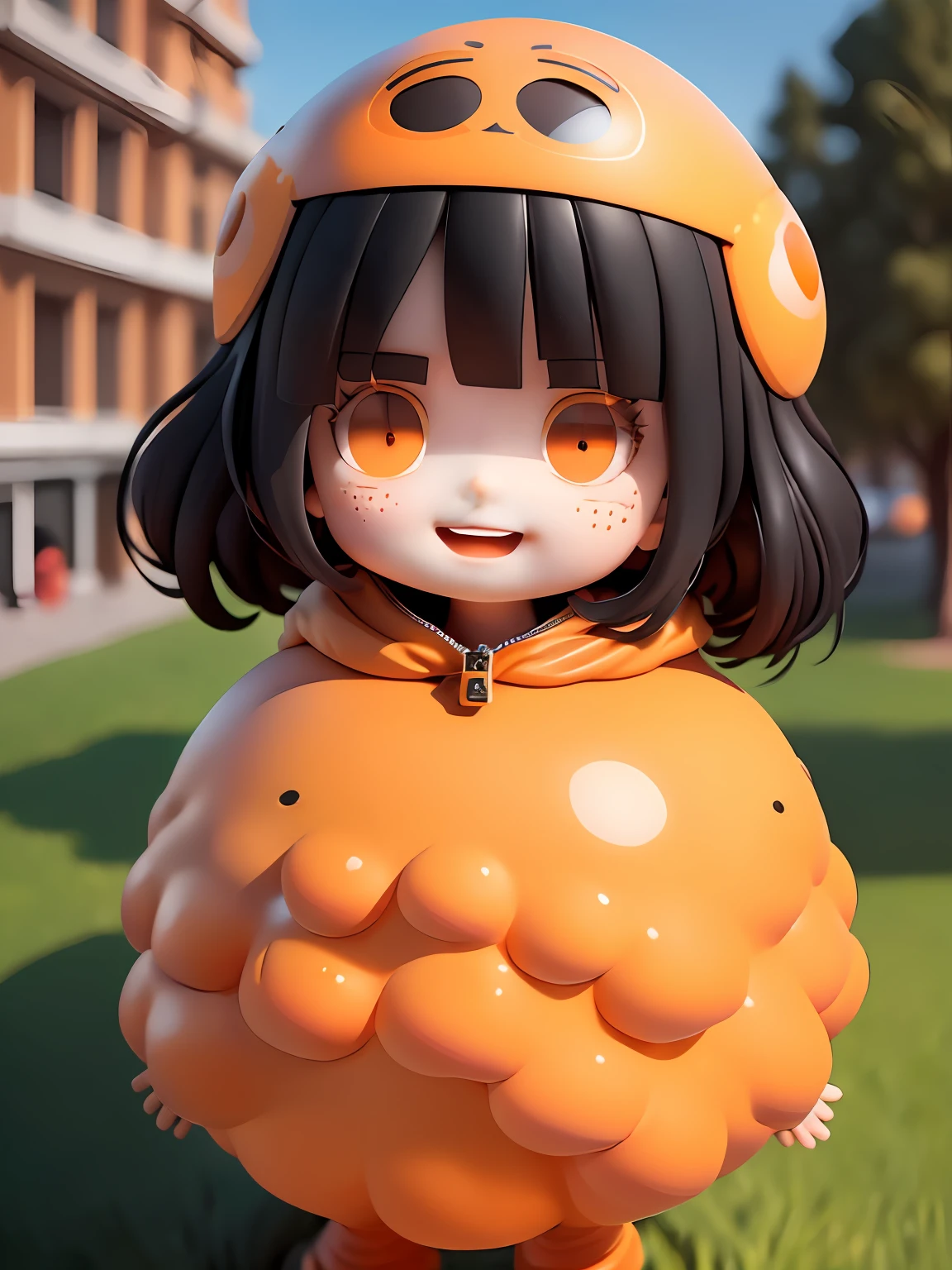 (Masterpiece), (Extreme), (Super detailed),(Body:1.9),1girl, sunshine, cute, orange, (big head:1.8), doll, smile, open mouth, city, fashion, coat, blush, tree, shirt, short hair, orange, orange headdress, blurred, long sleeves, bangs, black hair, (beautiful and detailed face), (beautiful and detailed eyes),
