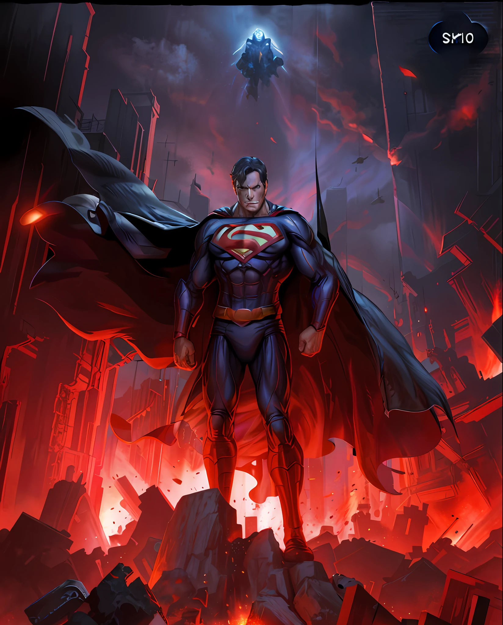 Superman in the dark knight costume in front of a fire, epic anime art, highly expressive and detailed face, artgerm craig mullins, hdr anime concept anime macmanus, jin - roh, by Arthur Pan, antoine collignon, by Yang J, with bright red eyes, style of raymond swanland, artgerm and craig mullins, red son, dan mumford. 8k octane rendering