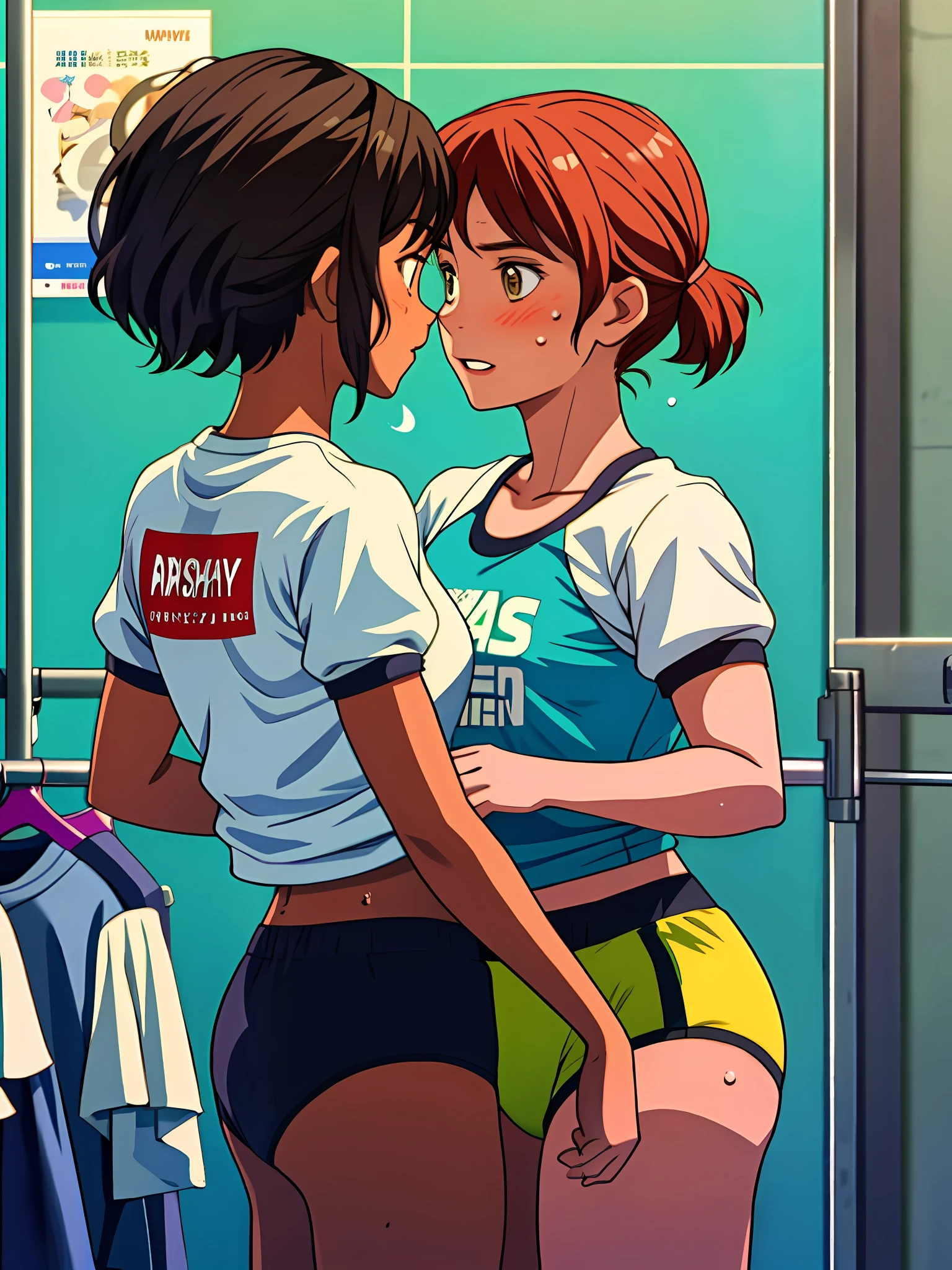 Women to each other. Two women. Lesbians sweat all over their bodies. Underwear. The background is a gym changing room