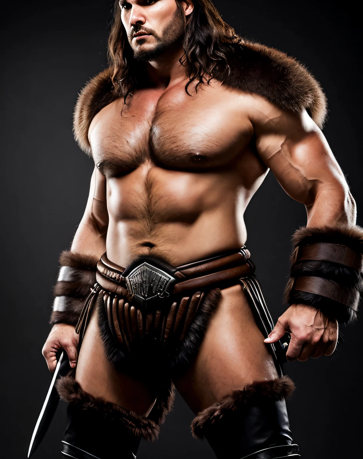TiagoTurilli, strong man, ultra realistic aggressive look, closed hands, realistic hair, wearing barbarian clothing, ((ultra quality)), ((Masterpiece)), portrait of (Hyborian:1.3) barbarian man with long and embarrassed hair wearing a fur armor and leather made with realistic buffalo skin, ultra realistic 16k.