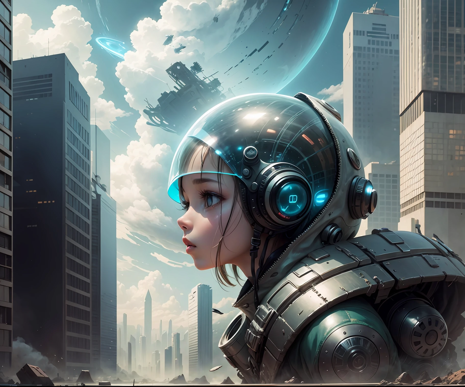 distopic future, alien space ship above the sky, earth as a pos-apocalyptic paradise, a girl at the center o the image looking at the sky, cinematic --auto --s2