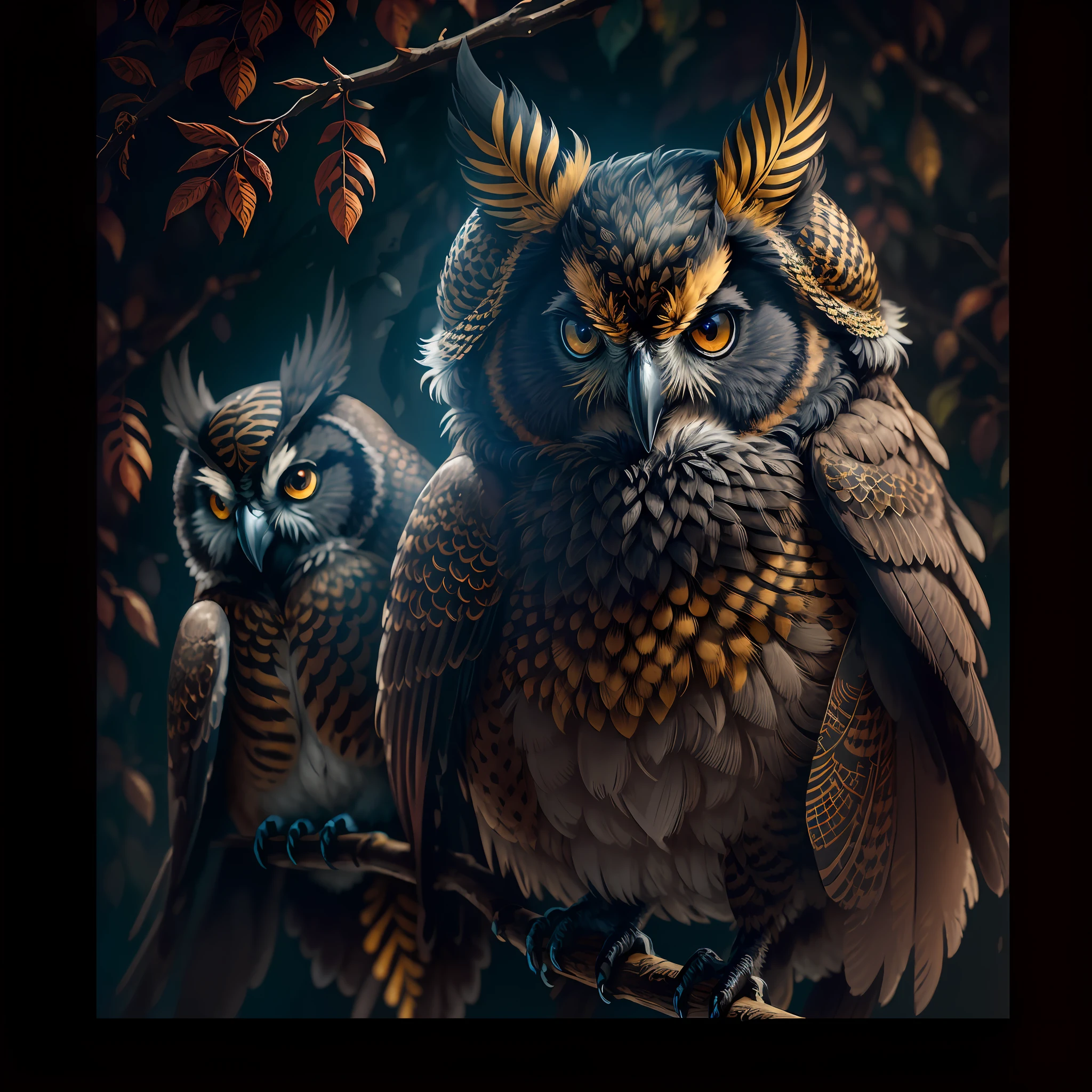 There is award-winning photo, a black and gold bird owl sitting on a branch, feathers, evil, sinister, red eye, intricate and detailed feathers, forest background, wildlife photography, by lee jeffries nikon d850 film stockphoto 4 kodak portra 400 camera lens f1.6 rich colors realistic texture hyper realistic lighting dramatic trend on artstation cinestill 800,  Style-LostTemple, deep shadow, high contrast, dark, full moon a picture frame, portrait, color portrait, fantasy portrait, detailed color portrait, digital fantasy portrait, beautiful fantasy portrait, fancy portrait, detailed portrait, digital art. Photorealistic, digital art photography, digital art, photorealistic portrait, fantasy painting style, photoshop art, high quality portrait, black --auto --s2